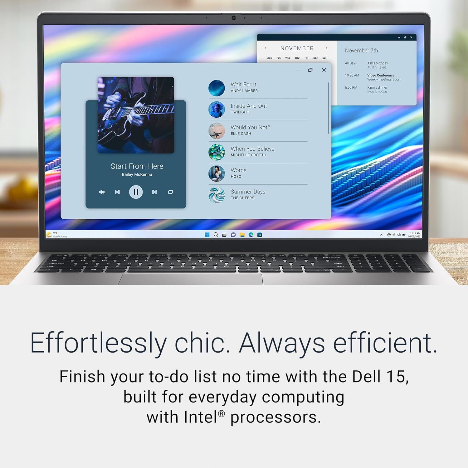 This image communicates Dell's brand identity and product positioning, emphasizing the Dell 15 laptop as a stylish and efficient everyday computing solution powered by Intel processors.