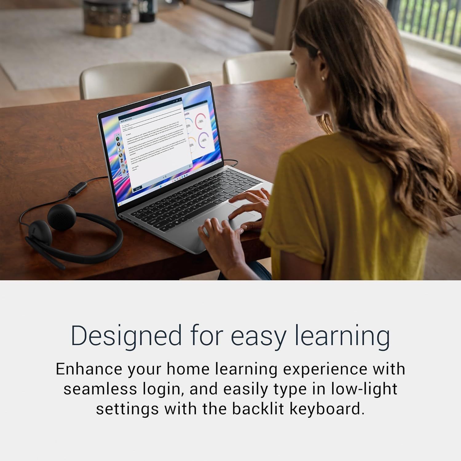 Communicates that the laptop is designed for easy home learning with user-friendly features like seamless login and a backlit keyboard for low-light typing.