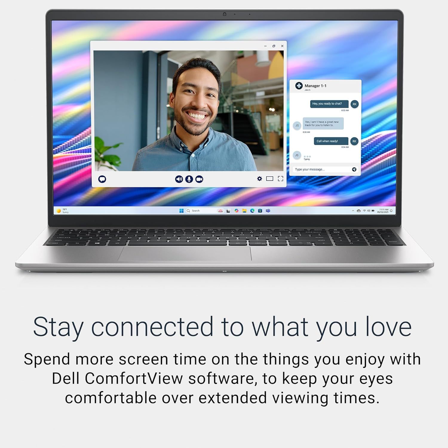 Communicates that the Dell ComfortView software enables comfortable extended screen time, reassuring shoppers concerned about eye strain during long work or entertainment sessions.