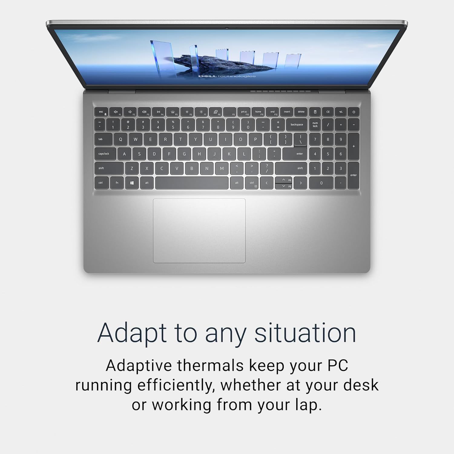 Communicates that the laptop's adaptive thermal system efficiently manages heat in different usage scenarios, reassuring shoppers about performance and comfort whether used at a desk or on the lap.