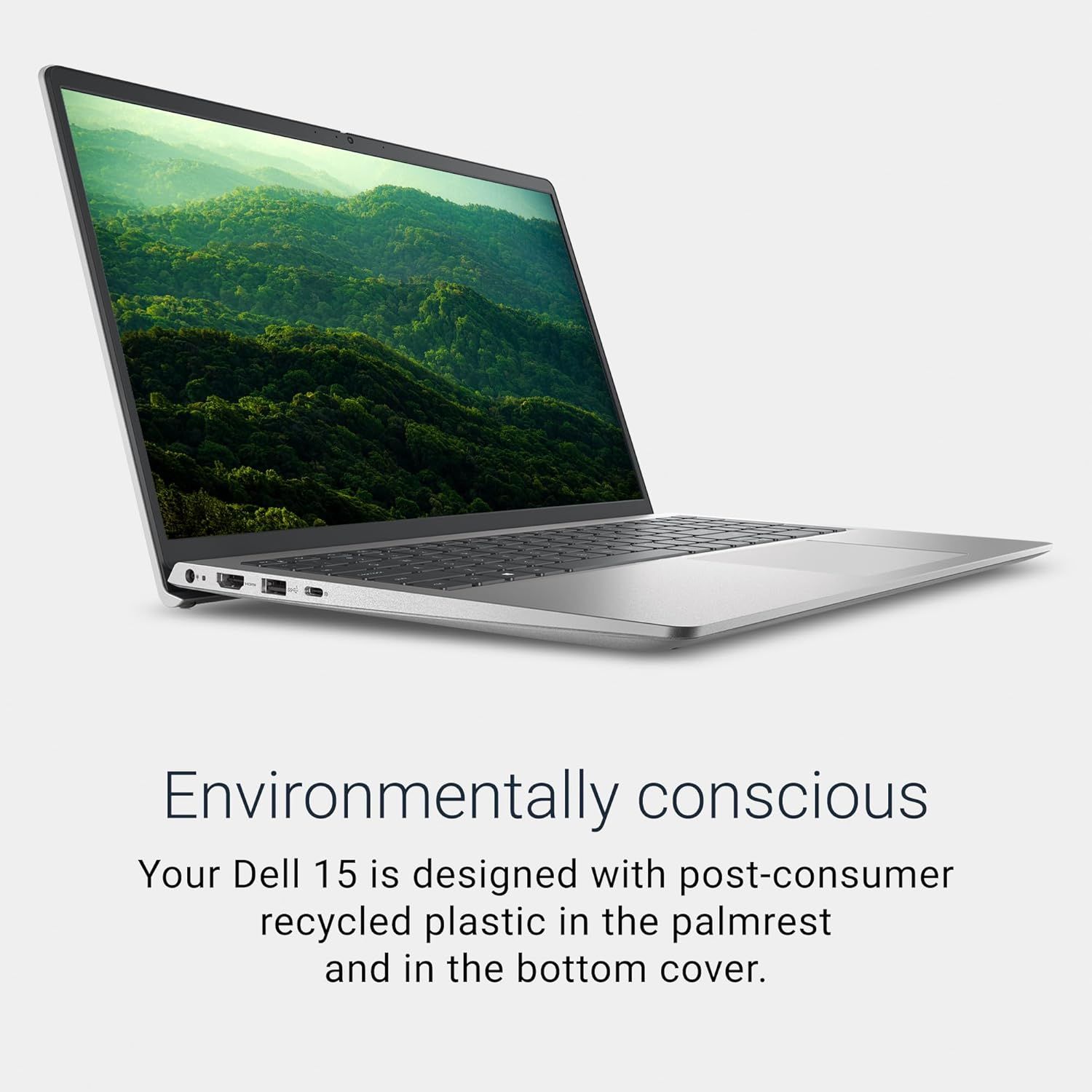 Communicates the laptop's environmental responsibility by highlighting the use of post-consumer recycled plastic in its construction, appealing to eco-conscious shoppers. Reinforces the single core…