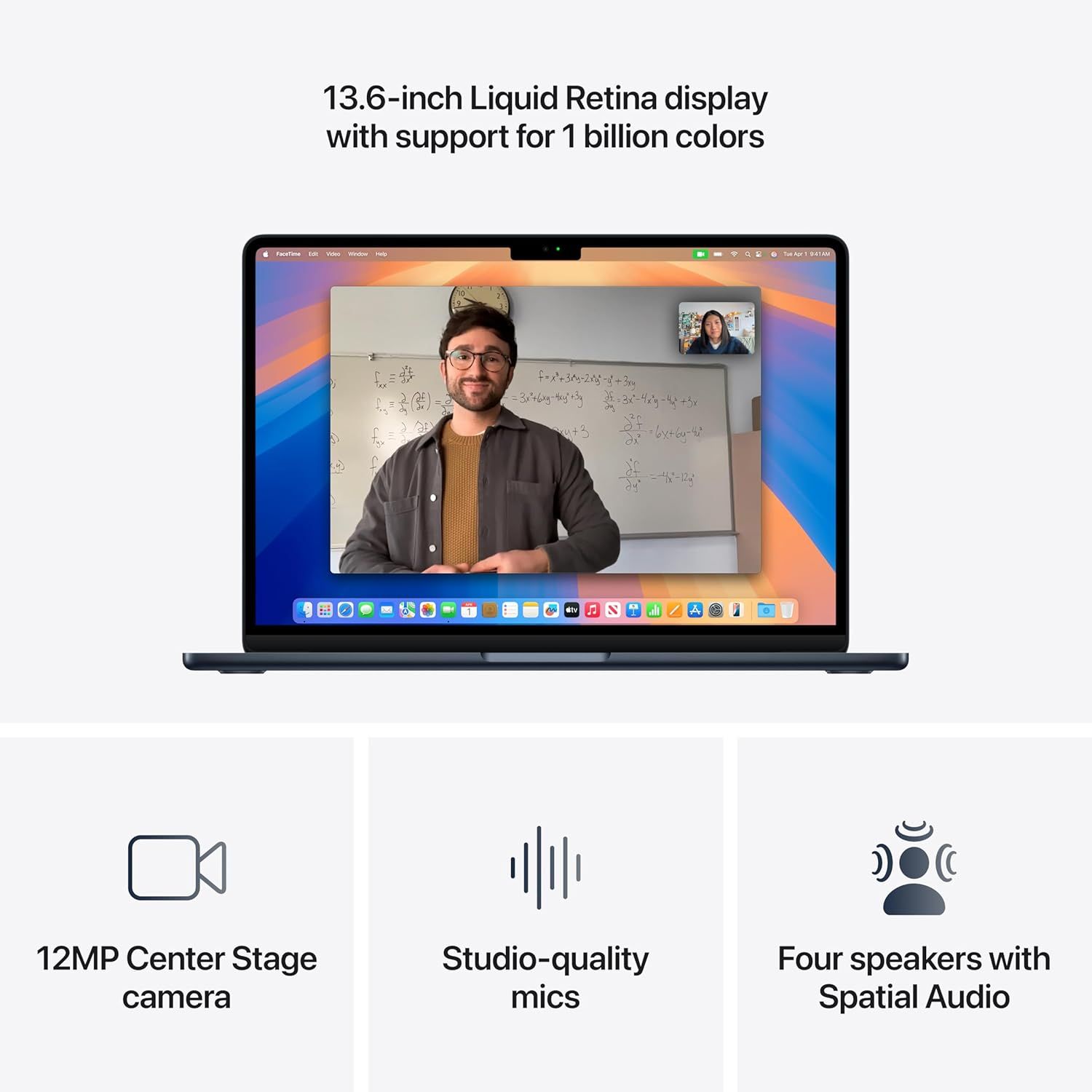 Showcases multiple distinct technical features of the laptop in a segmented layout to communicate the product's comprehensive multimedia and communication capabilities.