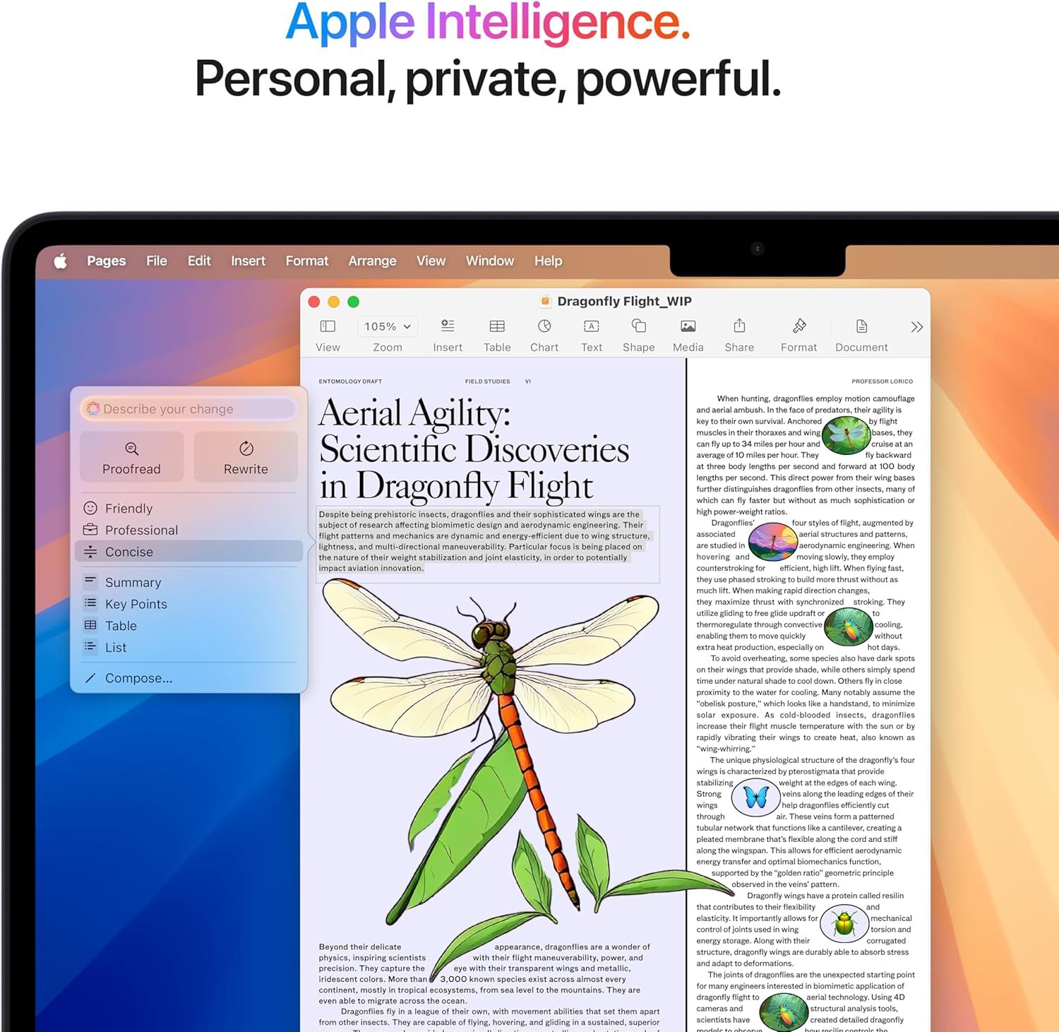 Communicates Apple's brand positioning around its AI technology ('Apple Intelligence') with the tagline 'Personal, private, powerful' to establish brand values and differentiate its AI capabilities.