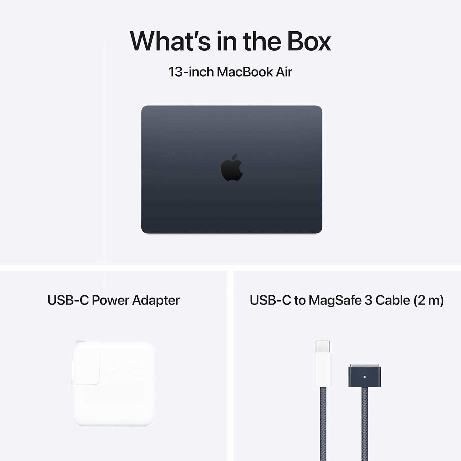 Shows the customer everything included with their MacBook Air purchase (laptop, power adapter, and charging cable) to set clear expectations and demonstrate value.