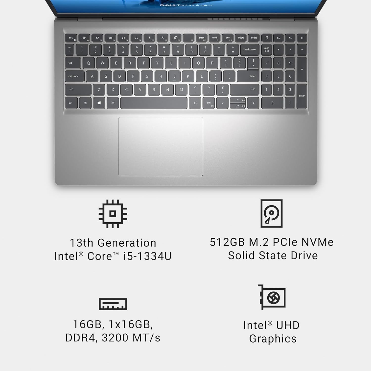 Communicates the laptop's key technical specifications across four distinct hardware categories to help shoppers understand the device's performance capabilities and configuration.
