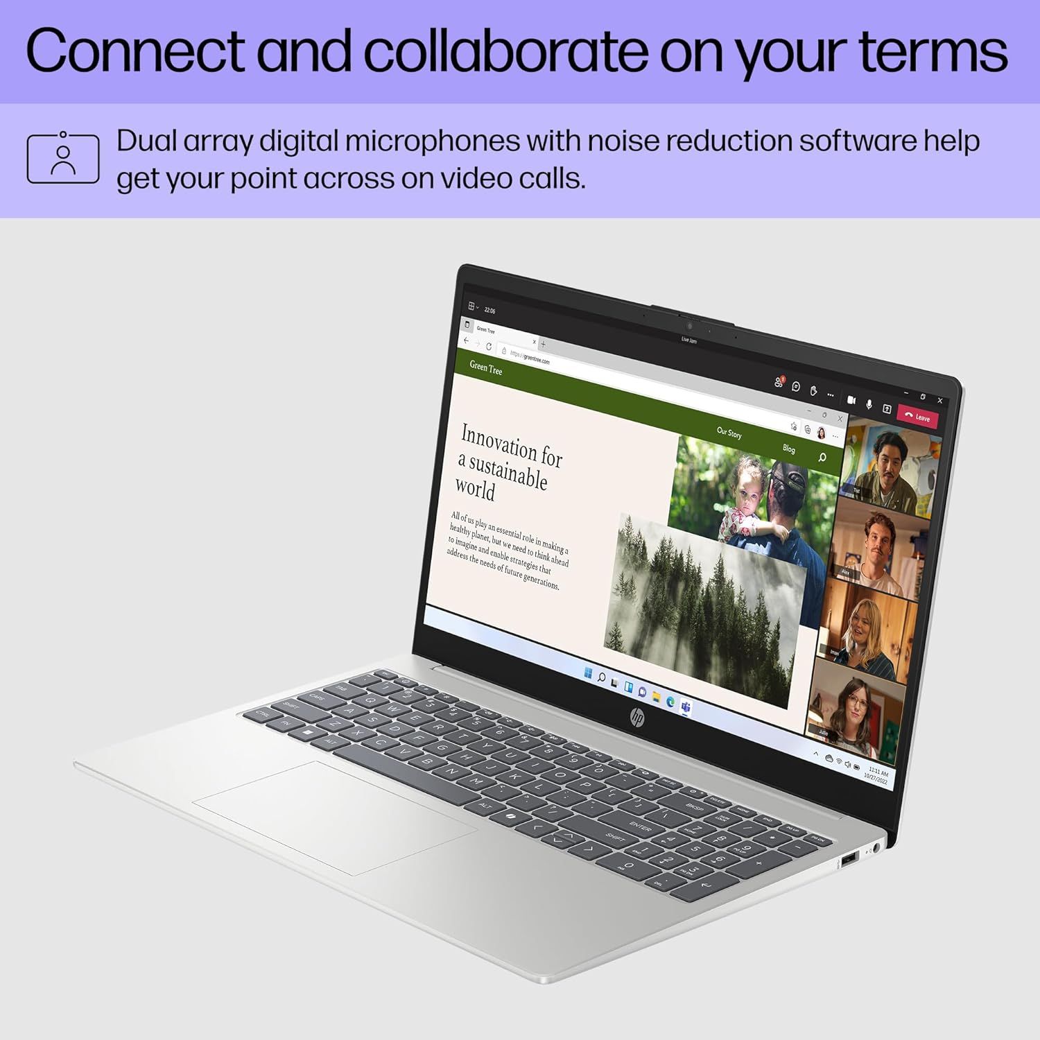Highlights the laptop's advanced microphone technology with noise reduction software to reassure shoppers that they can communicate clearly and professionally during video calls and virtual…