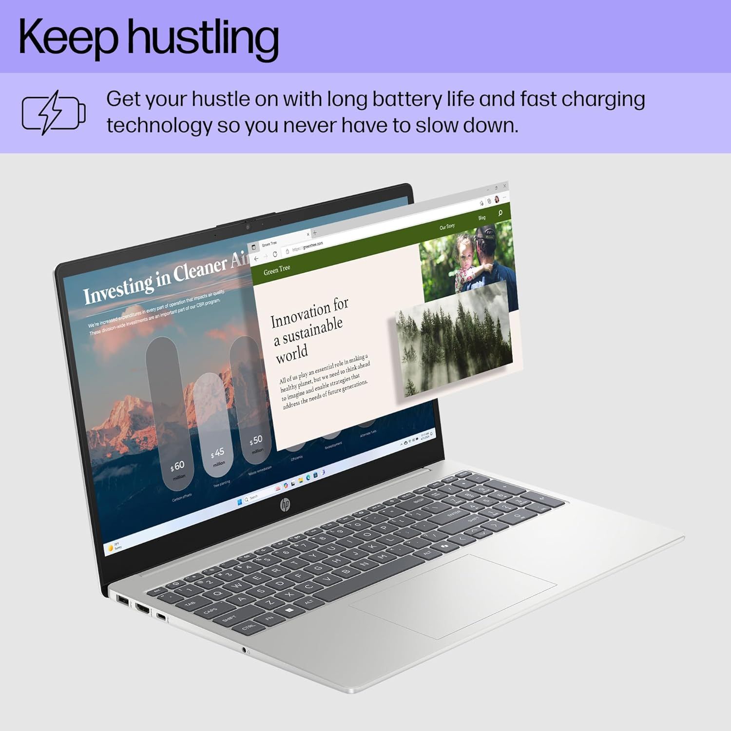 Communicates that the laptop offers long battery life and fast charging technology to support productivity and minimize downtime for busy users.