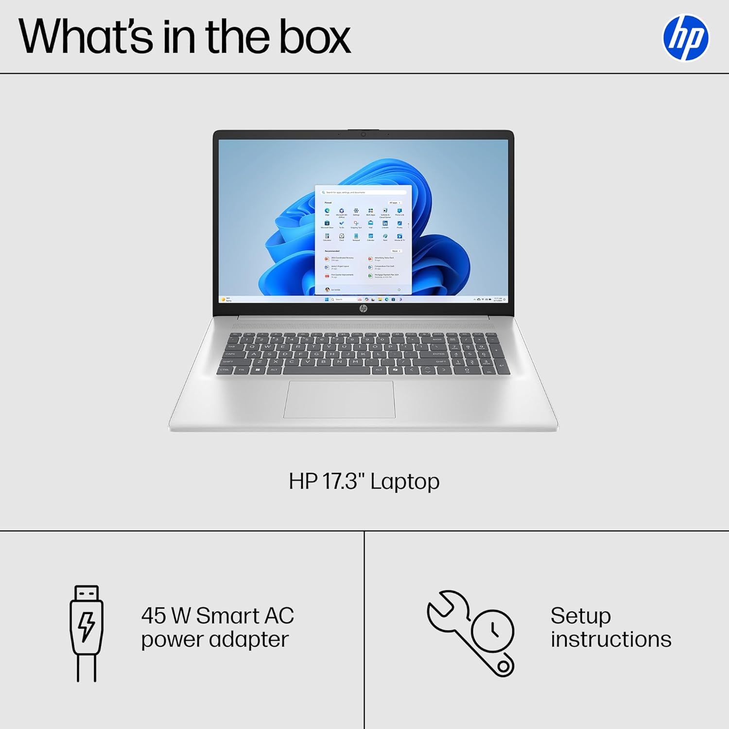 Shows the customer exactly what items are included in the box when they purchase this HP laptop, providing clarity on the complete package contents.
