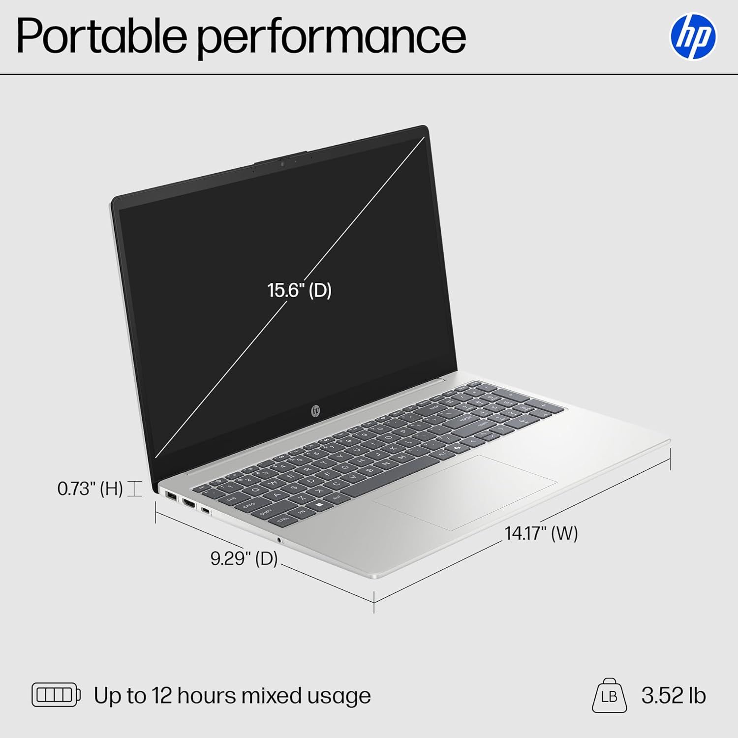Communicates the exact physical dimensions and weight of the laptop to help shoppers understand its portability and size before purchase. Highlights the 12-hour battery life performance metric to…