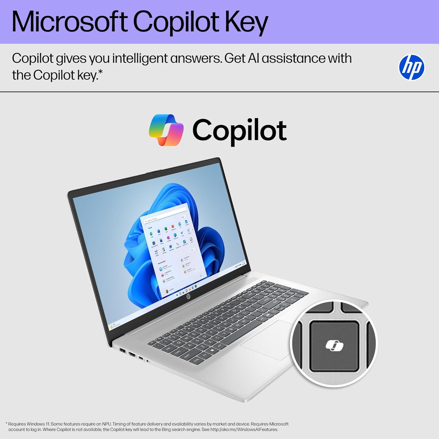 Highlights the dedicated Copilot key on the HP laptop keyboard that provides quick access to AI-powered assistance, emphasizing convenience and modern technology integration.