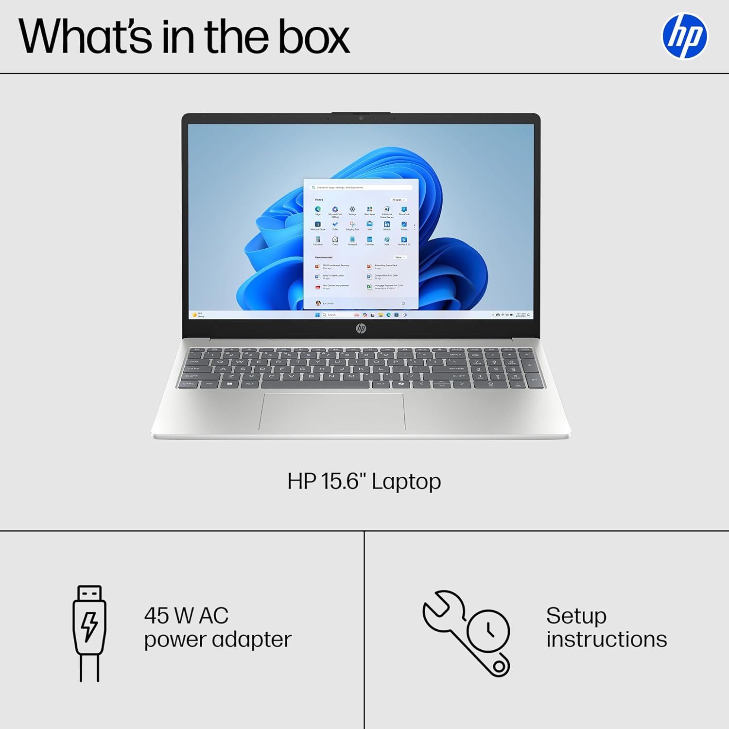 Shows the customer exactly what they will receive when purchasing this HP laptop: the laptop itself, a 45W AC power adapter, and setup instructions.