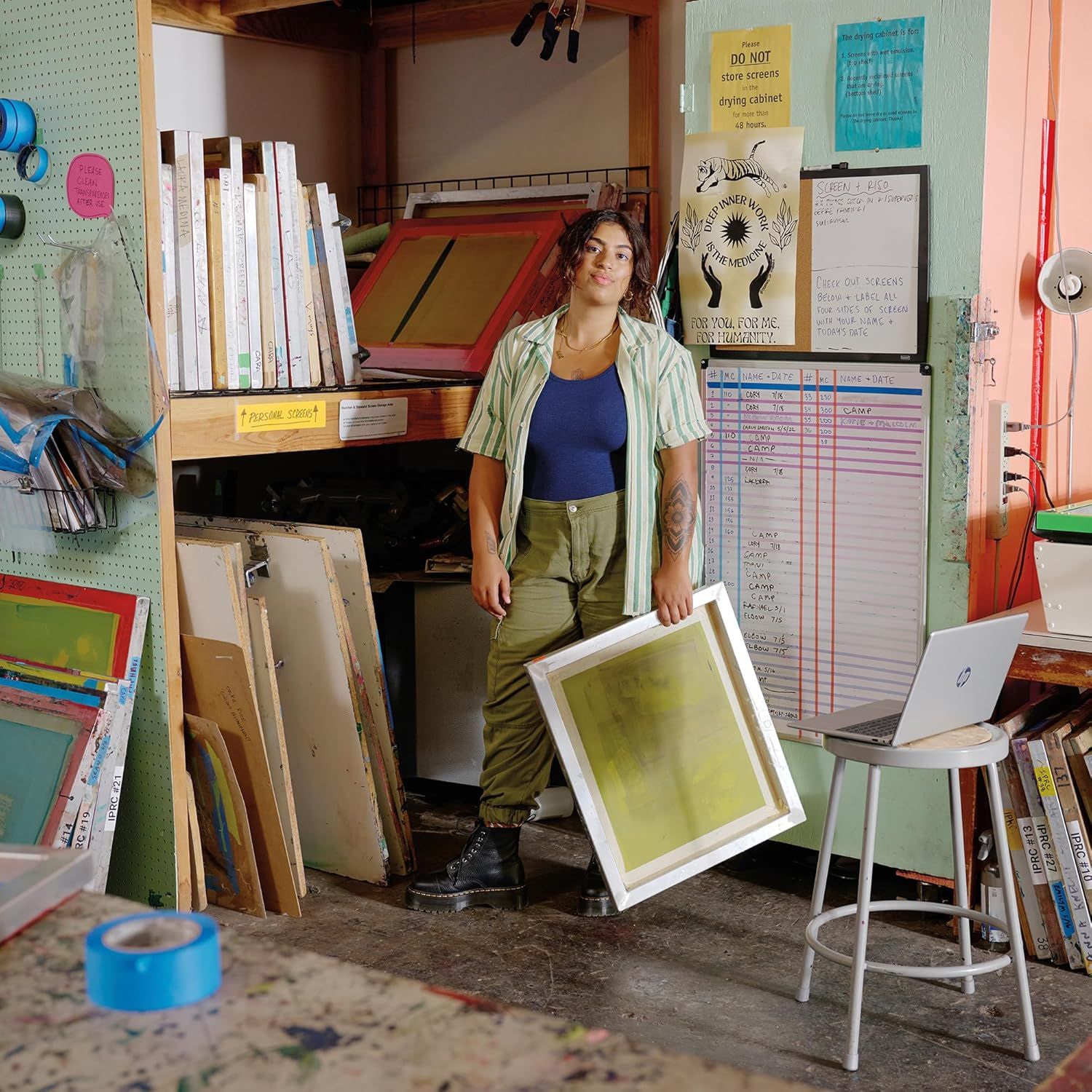Showcases the product (screen printing or art-related product) in an authentic, real-world creative workspace to build emotional connection and demonstrate the product's use in a professional…
