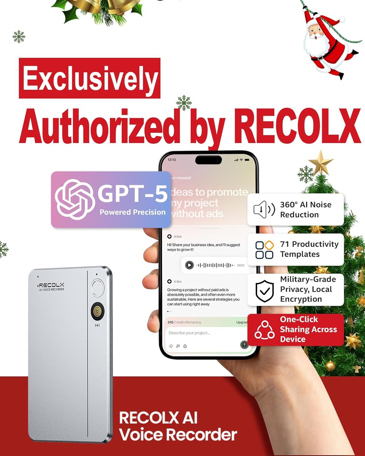 Showcases multiple distinct features and benefits of the RECOLX AI Voice Recorder in a segmented layout, highlighting its advanced AI capabilities, noise reduction, productivity tools, security…
