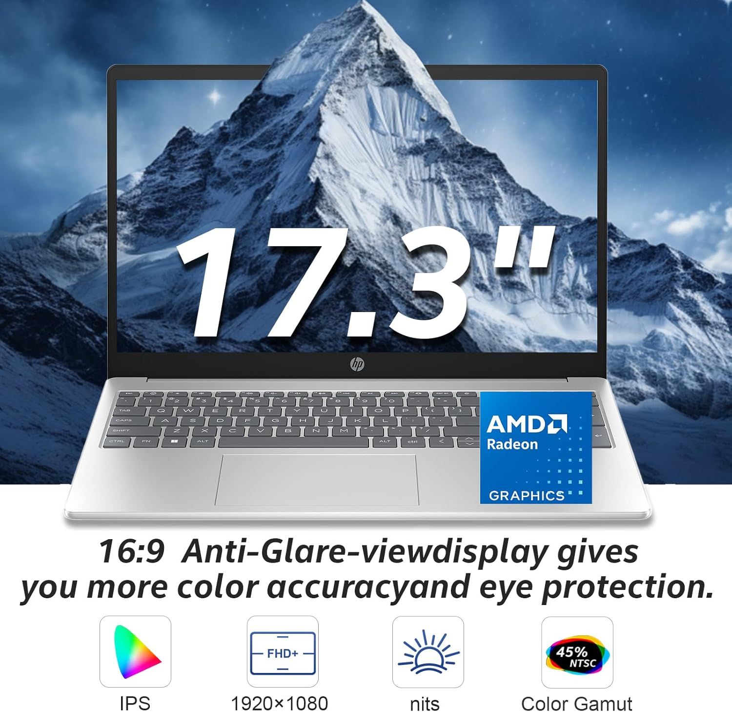 Communicates multiple technical specifications and benefits of the laptop's display, including screen size, graphics capability, anti-glare technology, and color accuracy to help shoppers understand…