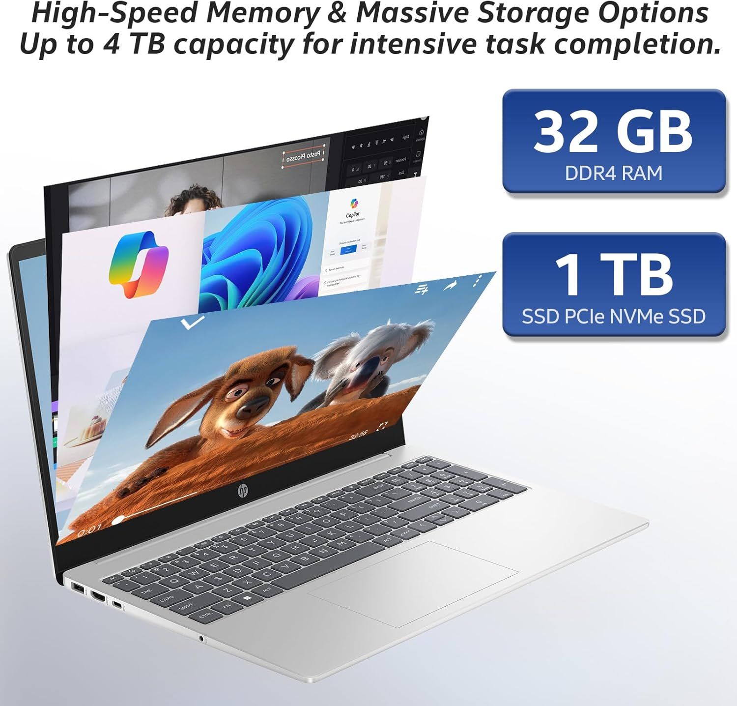 Communicates the laptop's powerful technical specifications—high-capacity RAM and storage—to reassure shoppers that it can handle intensive multitasking and large file storage needs.