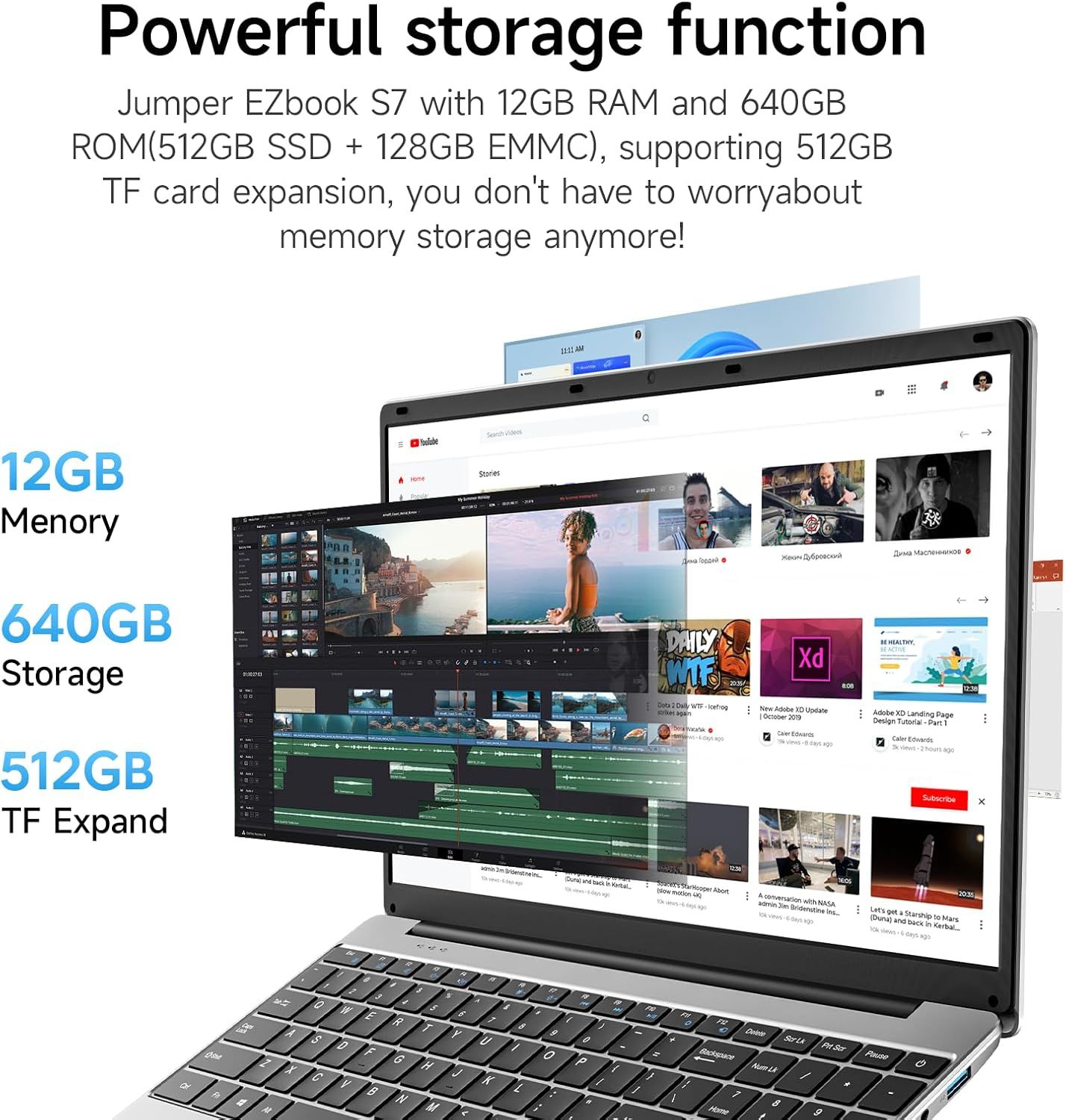Communicates the laptop's impressive storage and memory specifications (12GB RAM, 640GB ROM, 512GB TF card expansion) to reassure shoppers they won't run out of storage space. Highlights the…