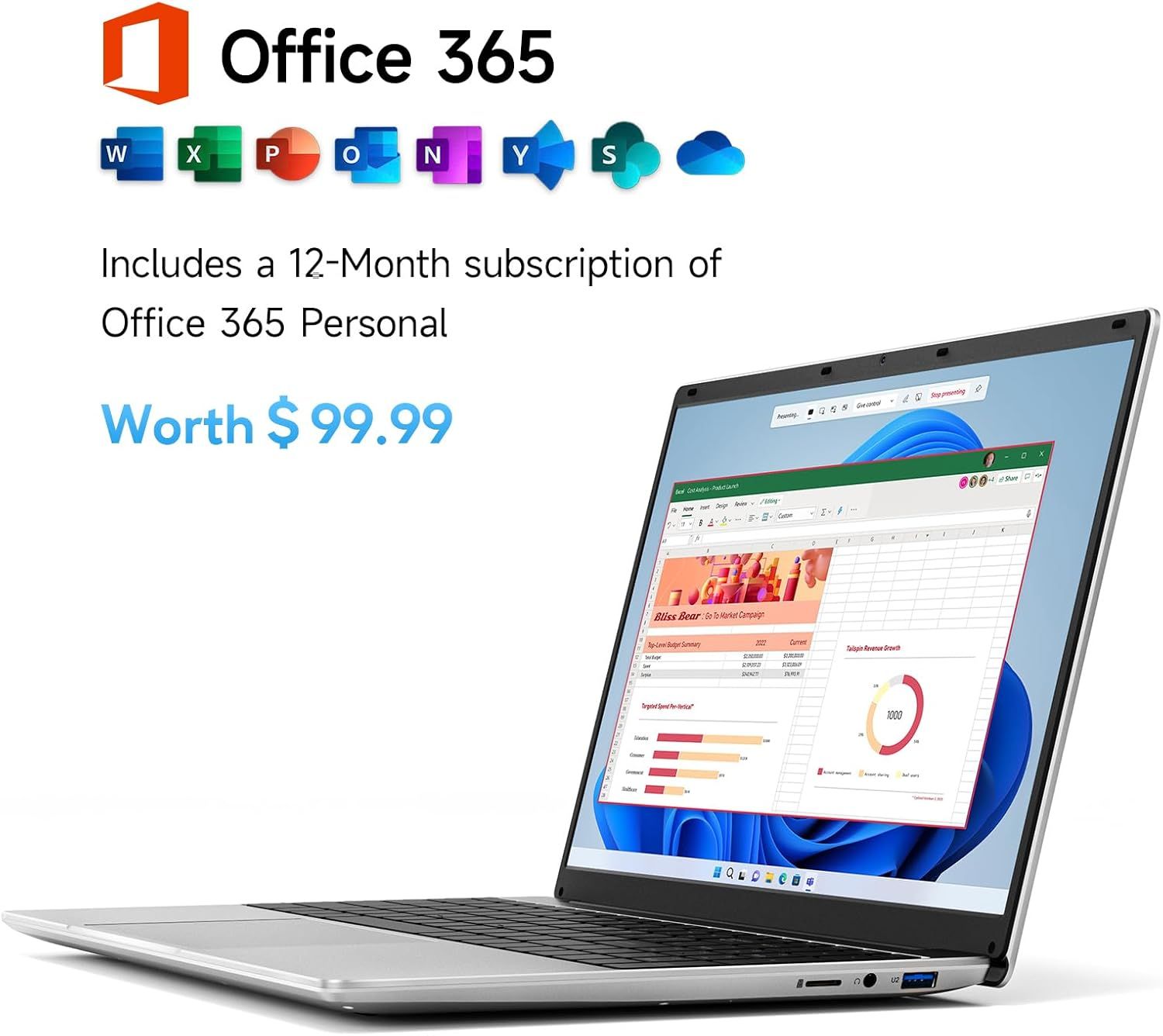 Communicates the monetary value of the included Office 365 subscription to emphasize the deal and value proposition of the purchase. Highlights that the product includes a 12-month Office 365…