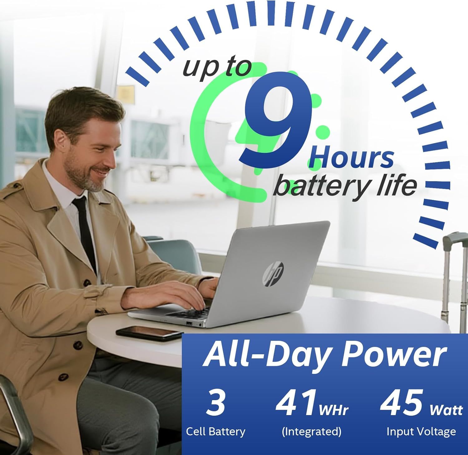 Communicates the laptop's impressive battery performance with up to 9 hours of runtime and technical specifications to reassure shoppers about all-day productivity and power capability. Highlights…