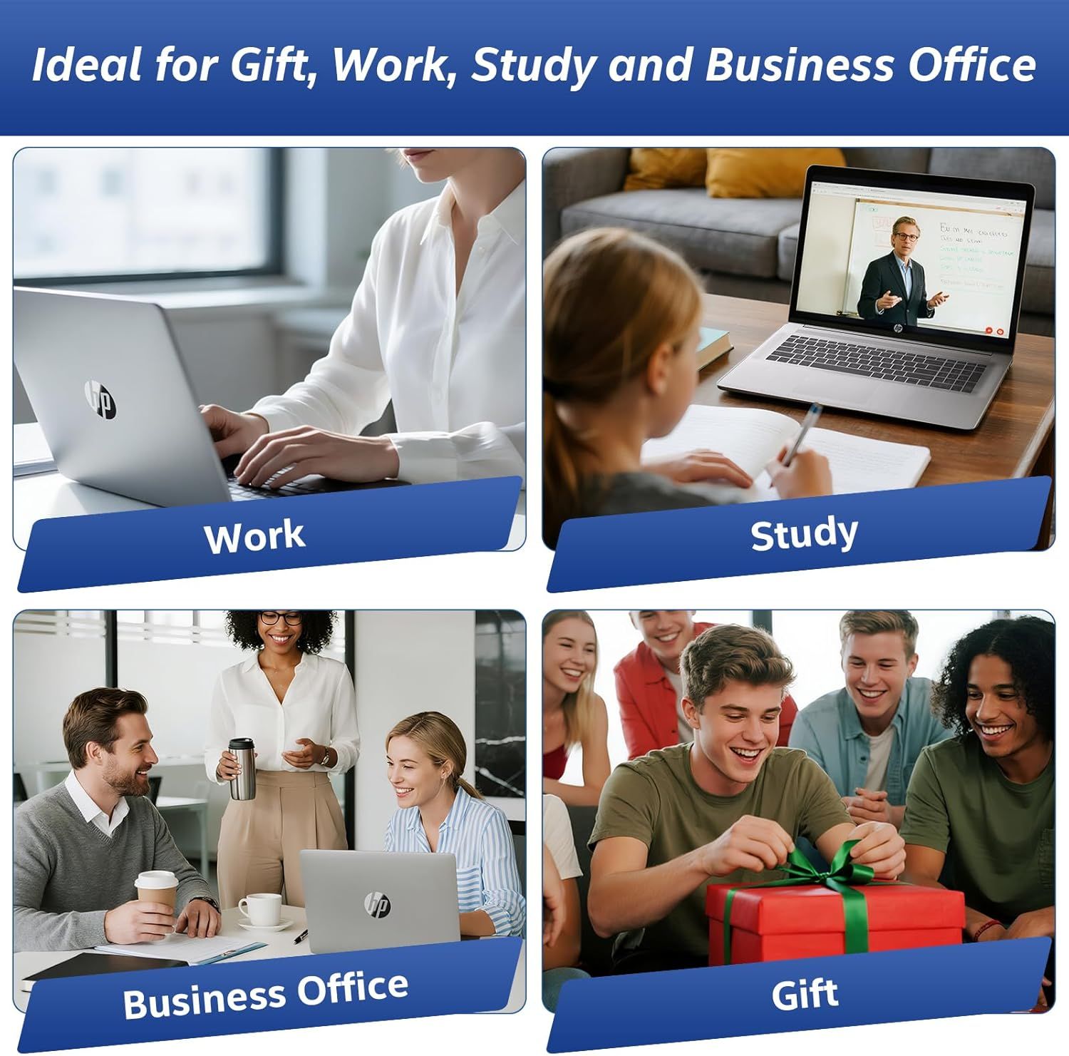 Demonstrates the product's versatility by showing it can be used across multiple scenarios—work, study, business meetings, and as a gift—to appeal to a broad range of potential buyers.