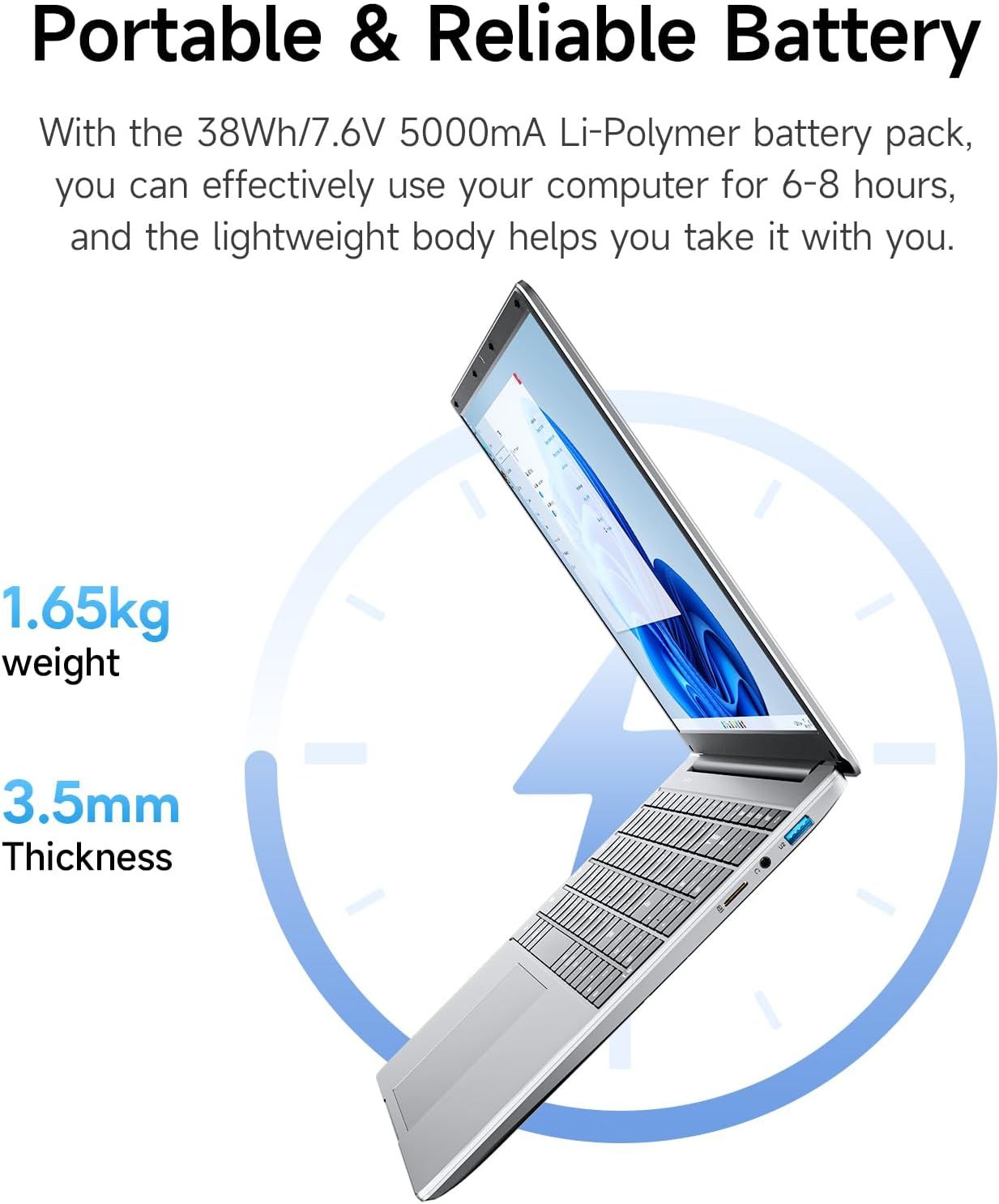 Communicates multiple key benefits of the laptop including long battery life (6-8 hours), portability (1.65kg weight), and slim design (3.5mm thickness) to appeal to mobile users and travelers.