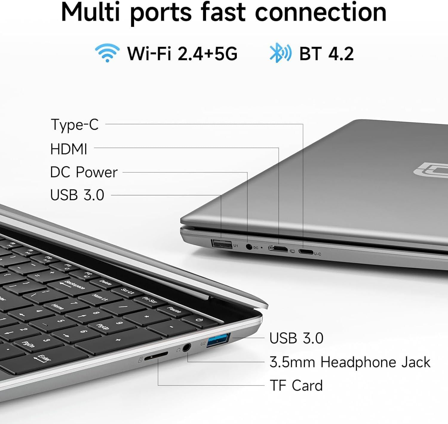 This image breaks down the laptop's physical ports and connectivity options to show shoppers all available connection types and wireless capabilities, reassuring them of comprehensive connectivity.…