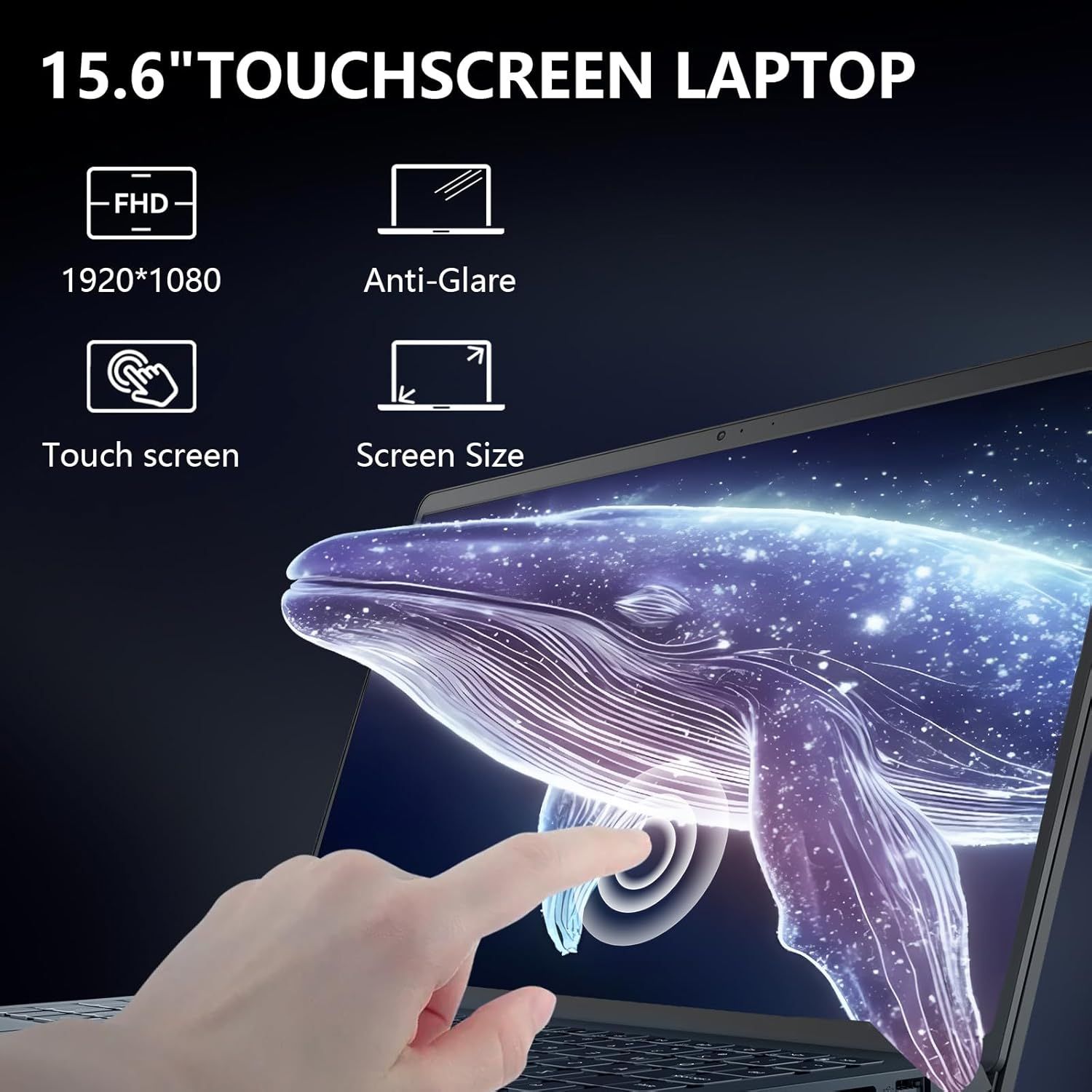 Communicates multiple key screen specifications and features of the laptop to help shoppers understand the display quality, size, and touchscreen capability.