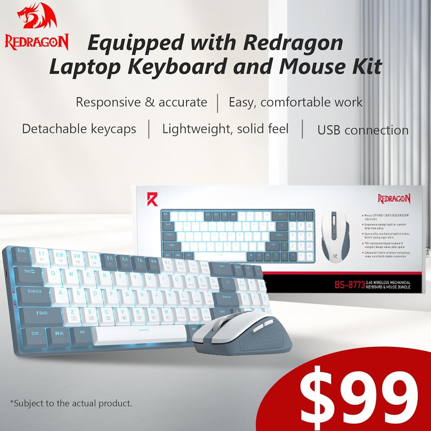 Communicates multiple distinct benefits of the keyboard and mouse kit in a segmented text layout to help shoppers understand the product's key features and value proposition. Shows the complete kit…