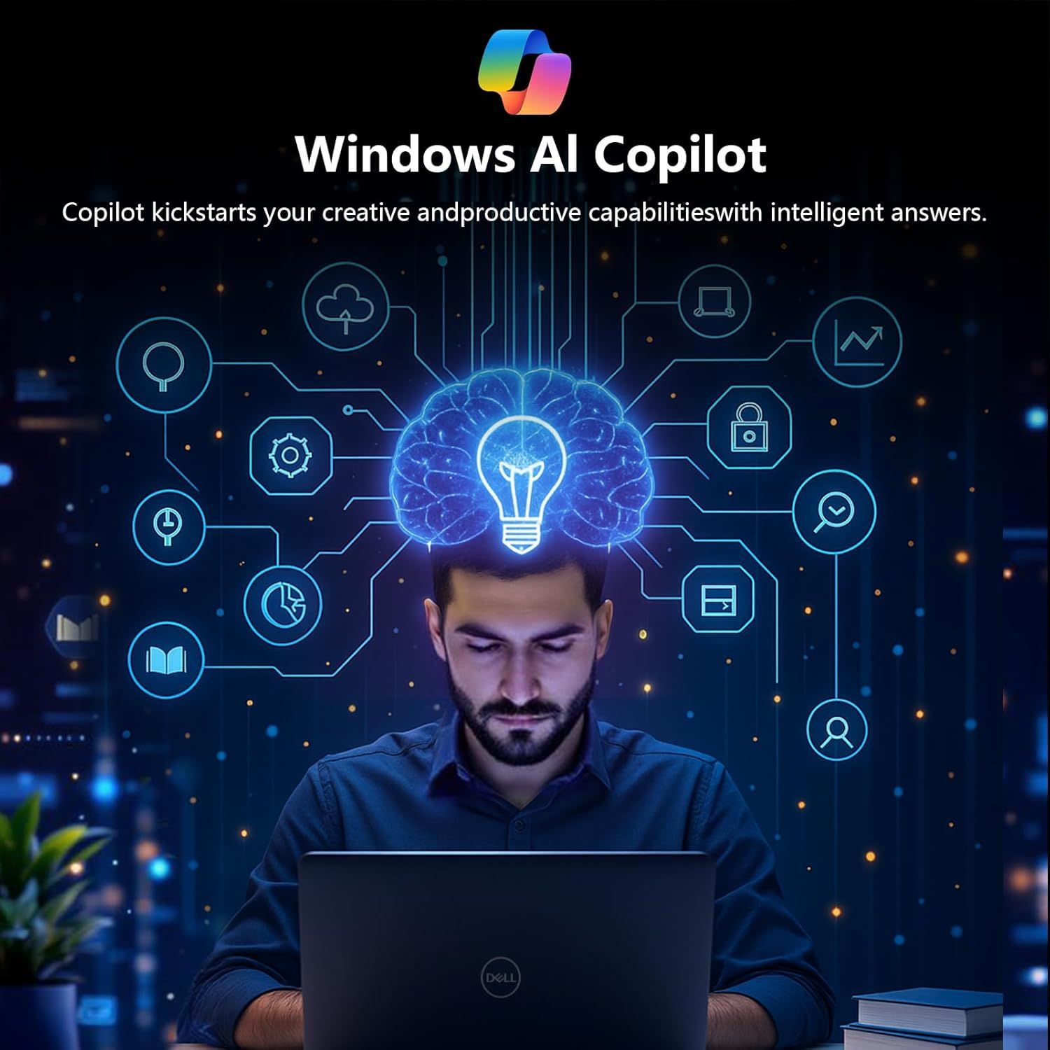 Communicates the comprehensive AI capabilities of Windows Copilot by showing multiple distinct functions (cloud, security, analytics, time management, etc.) through a visually segmented icon layout,…
