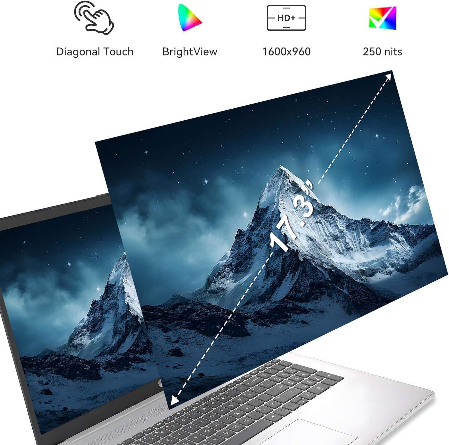 Communicates multiple display specifications and features to help shoppers understand the screen's capabilities including touch functionality, color quality, resolution, and brightness.