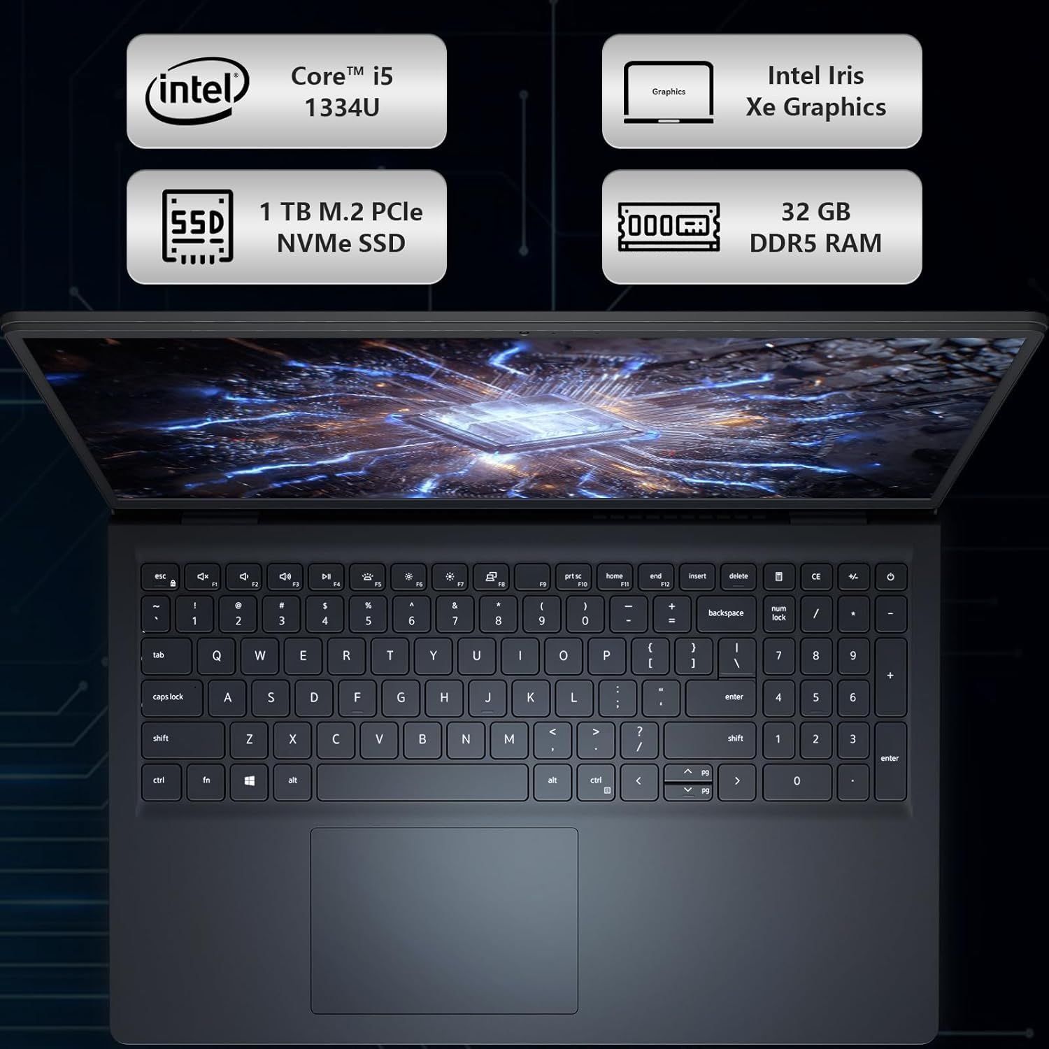 Communicates the laptop's key technical specifications across four distinct callout panels to help shoppers quickly understand the device's processing power, graphics capability, storage capacity,…