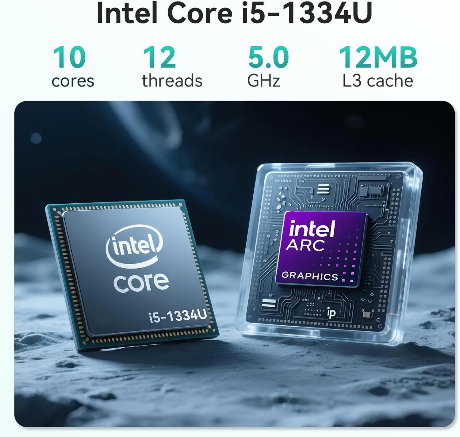 Communicates the technical specifications and performance capabilities of the Intel Core i5-1334U processor to inform shoppers about its multi-core processing power, speed, and integrated graphics.