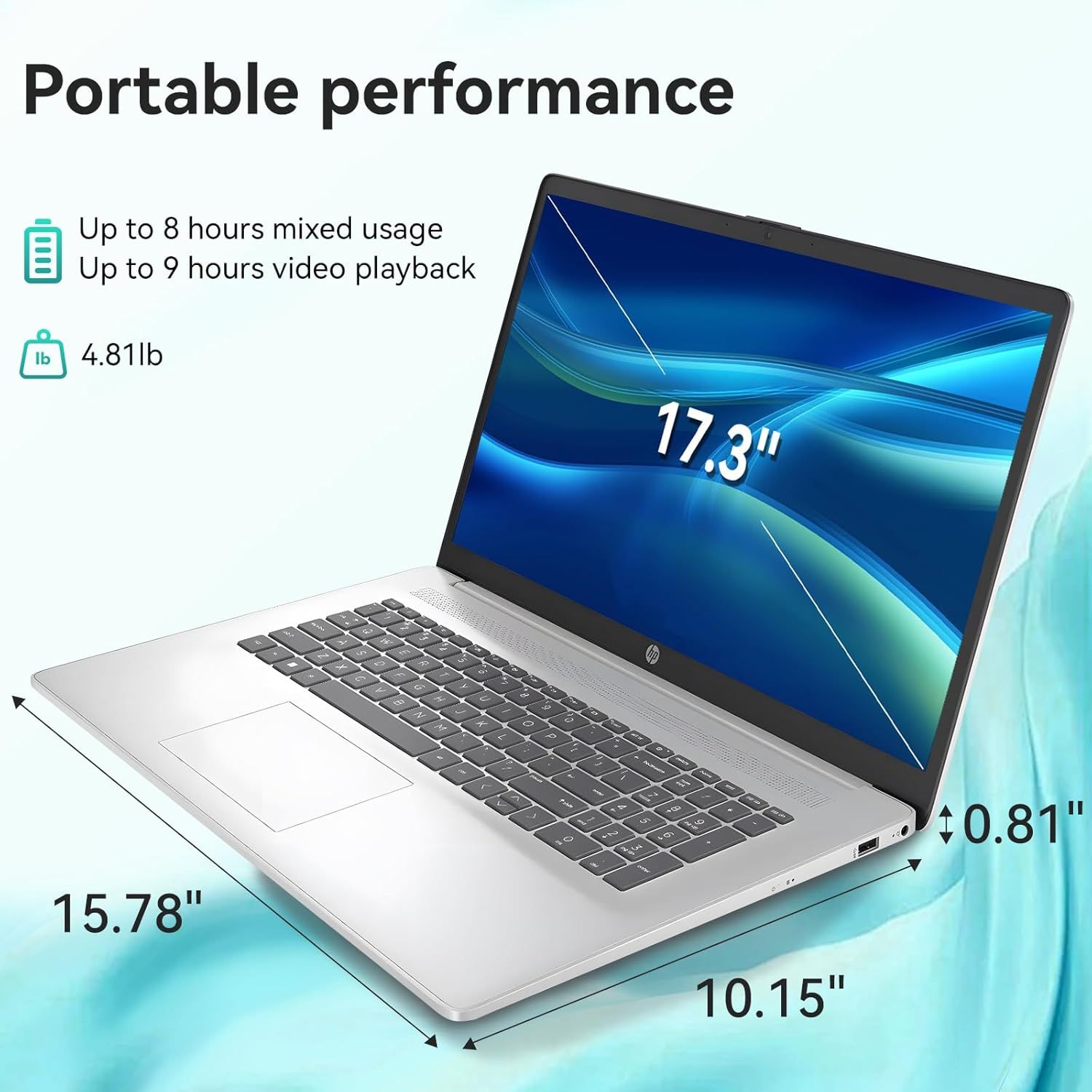 Communicates the laptop's physical dimensions (15.78" x 10.15" x 0.81"), screen size (17.3"), and lightweight design (4.81lb) to help shoppers understand portability and size. Highlights the…