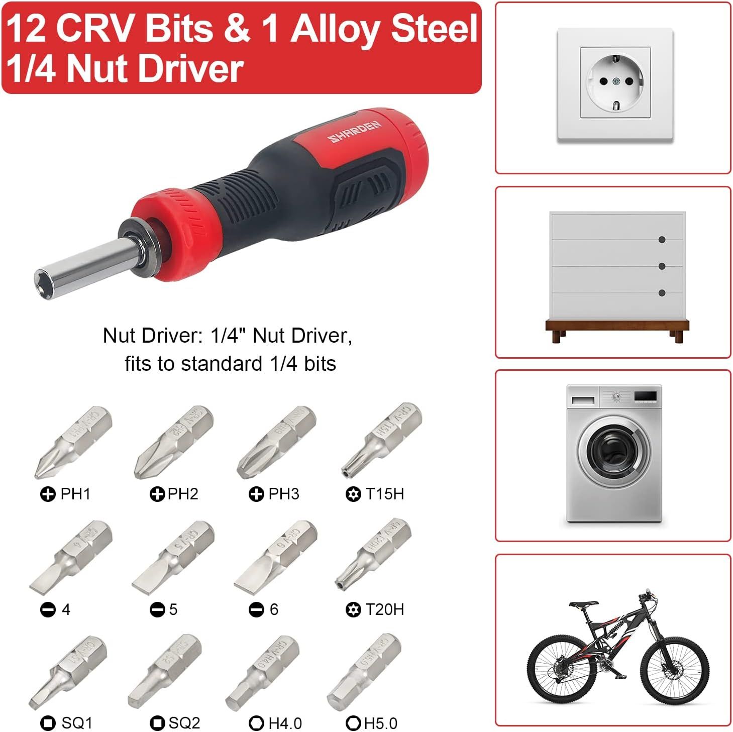Demonstrates the versatility of the nut driver tool by showing it can be used in multiple household scenarios including electrical outlets, furniture assembly, appliances, and bicycle maintenance.…