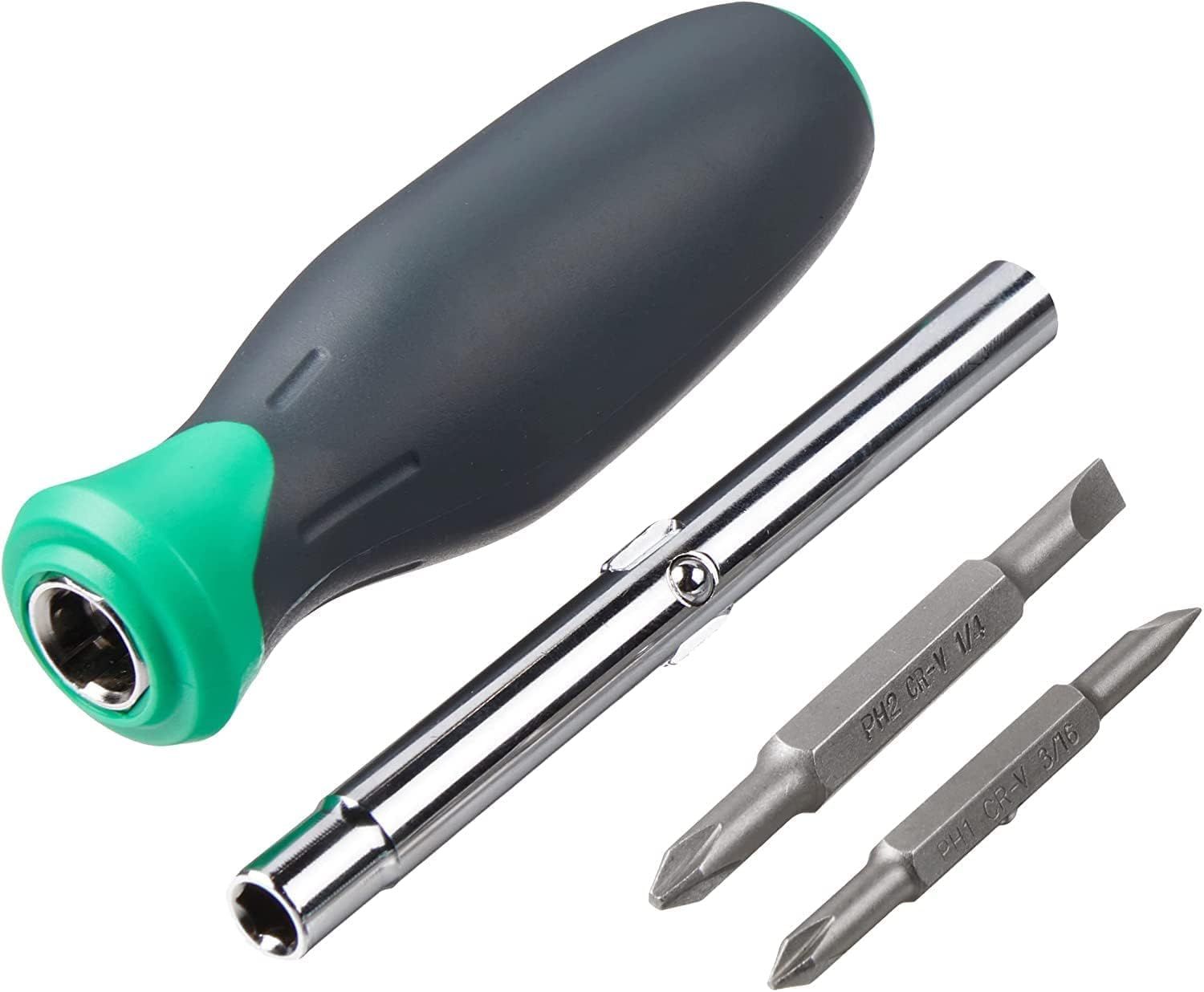 Shows the customer everything included in the purchase: a screwdriver handle with ergonomic grip, an extension bar, and multiple screwdriver bits, demonstrating the completeness and versatility of…