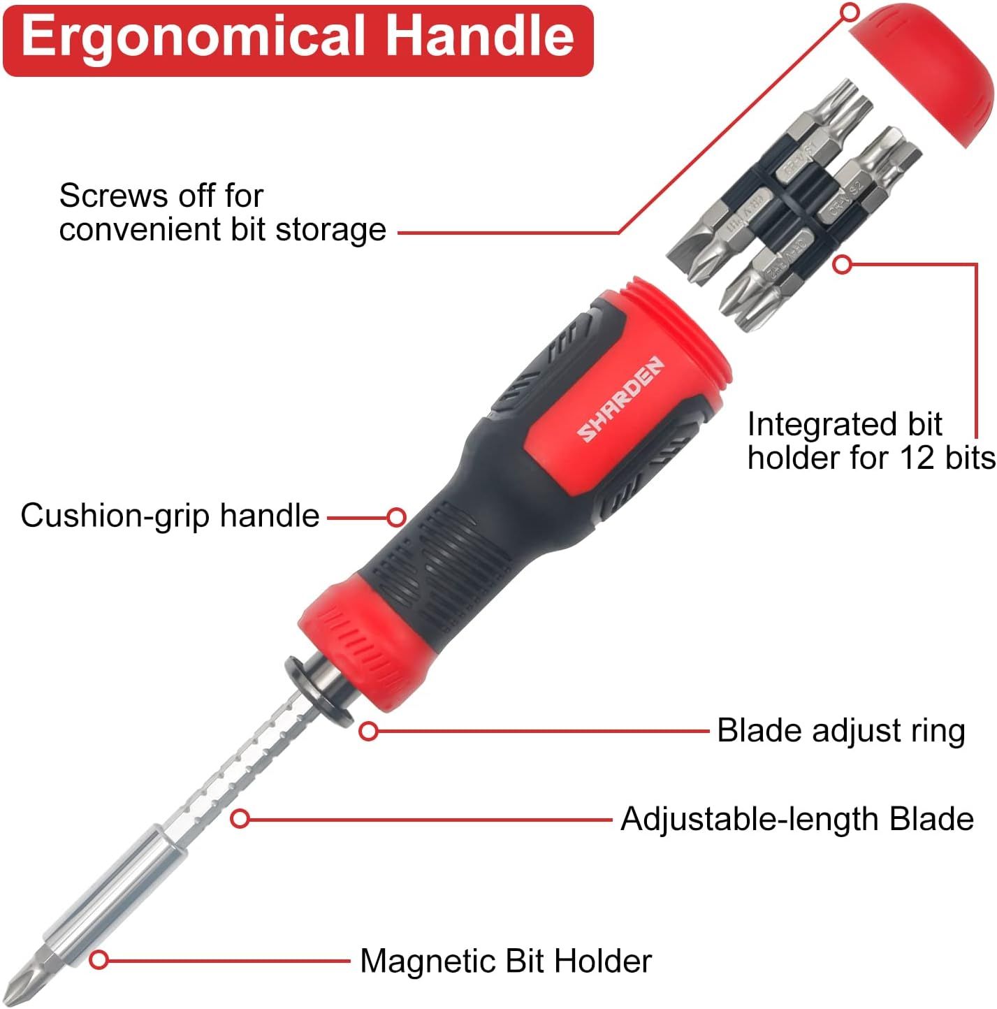 This image breaks down the physical components and structural features of the screwdriver to help shoppers understand what the product is made of and how its parts function together.