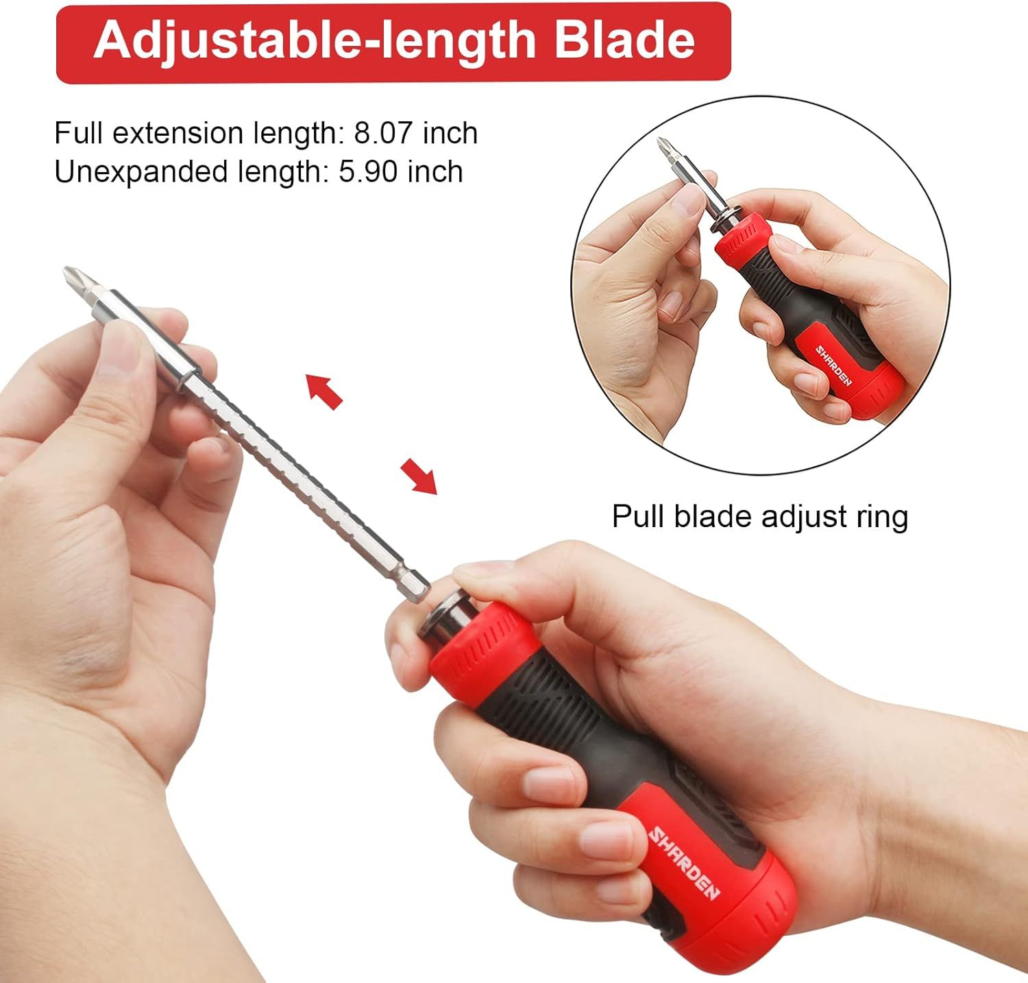 Demonstrates how to adjust the blade length by pulling the blade adjust ring, showing the tool's flexibility and ease of use. Highlights the adjustable blade feature with specific measurements to…