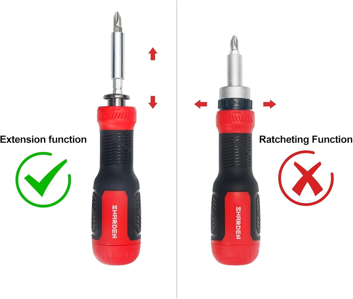 Demonstrates the correct way to use the screwdriver by showing the extension function works (green checkmark) while the ratcheting function does not (red X), helping shoppers understand proper…