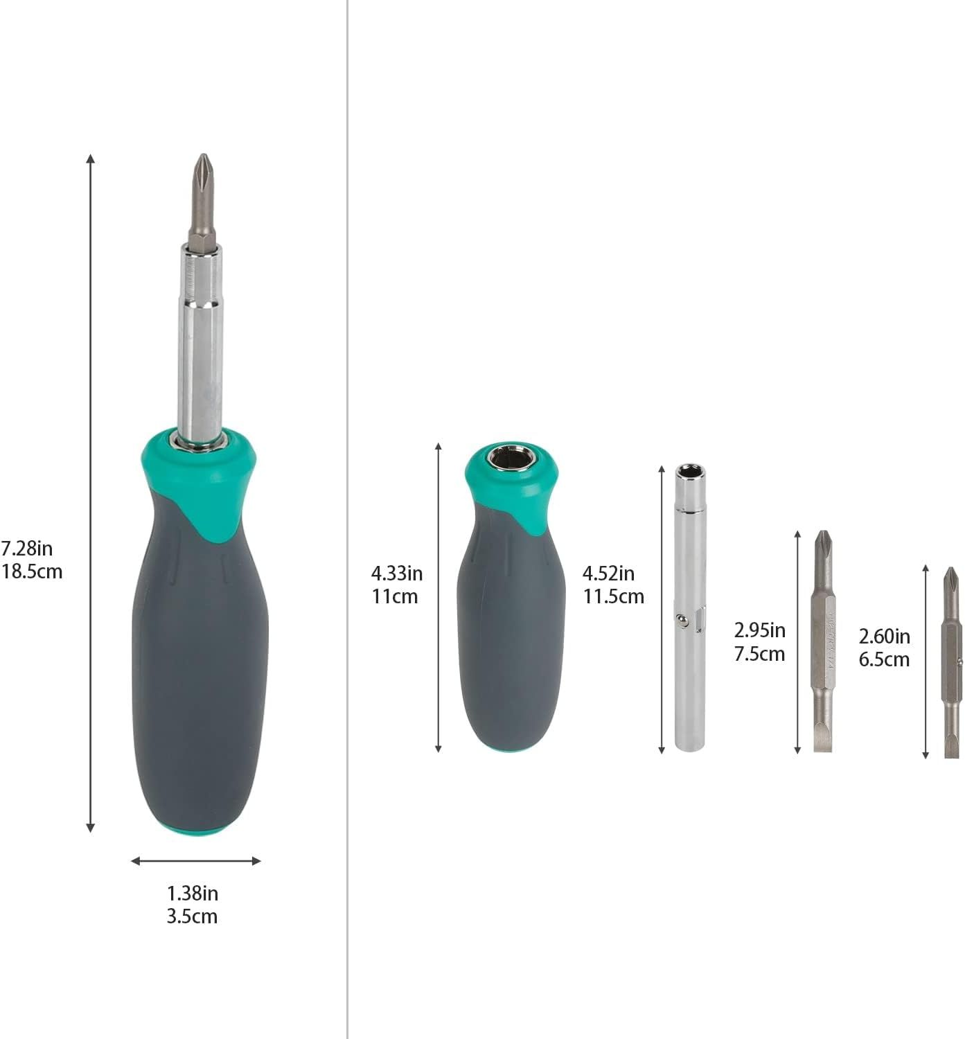 Communicates the exact physical dimensions of the screwdriver and its components to help shoppers understand the size and portability of the tool.