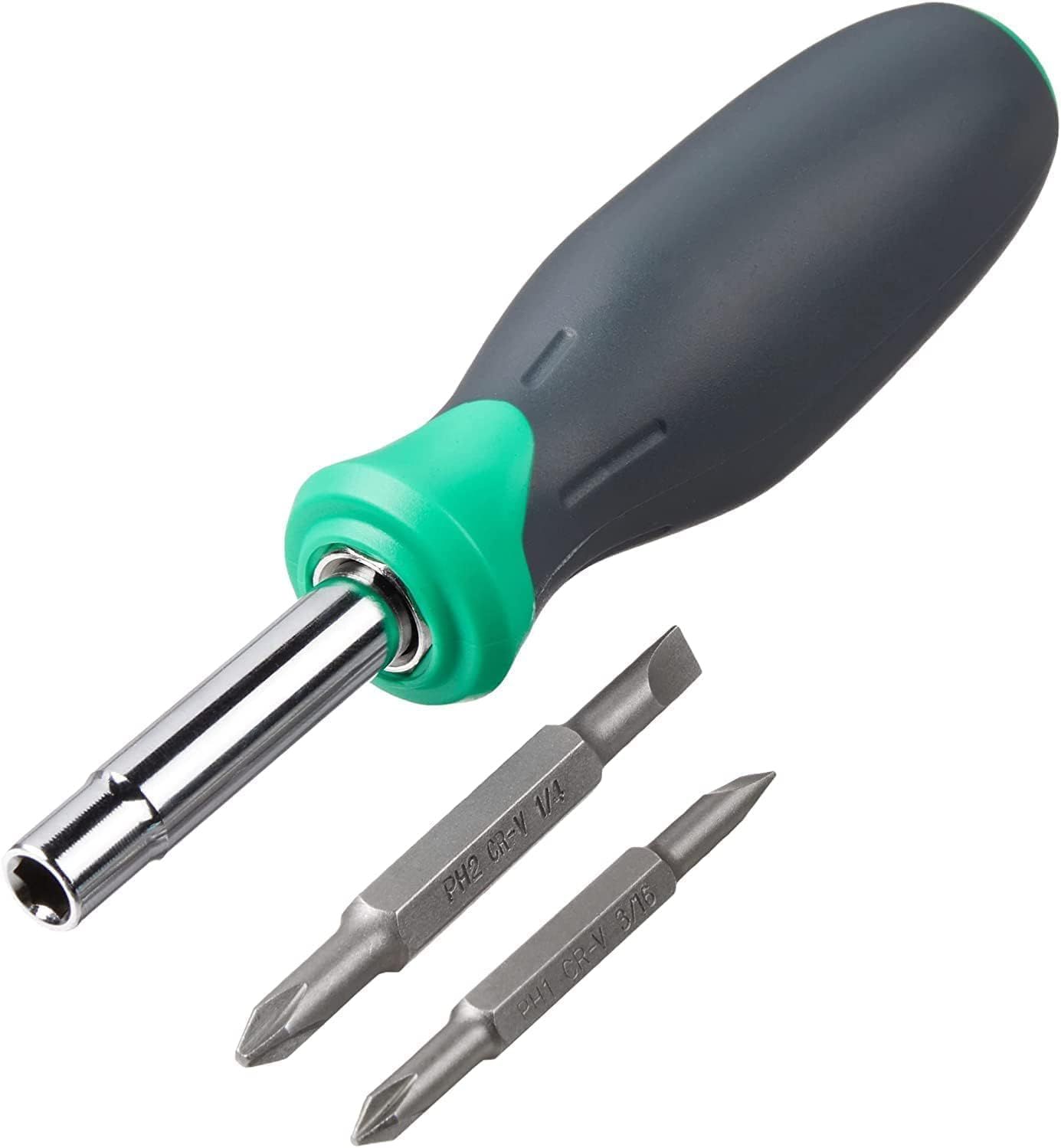 Shows the customer everything included in the purchase: the screwdriver handle with magnetic bit holder and two interchangeable screwdriver bits, demonstrating the complete kit contents.