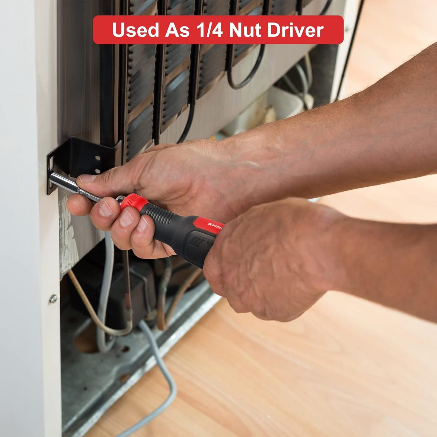 Demonstrates one of the product's versatile applications by showing it can be used as a 1/4 nut driver for appliance repair or assembly tasks, highlighting its multi-functionality. Communicates the…
