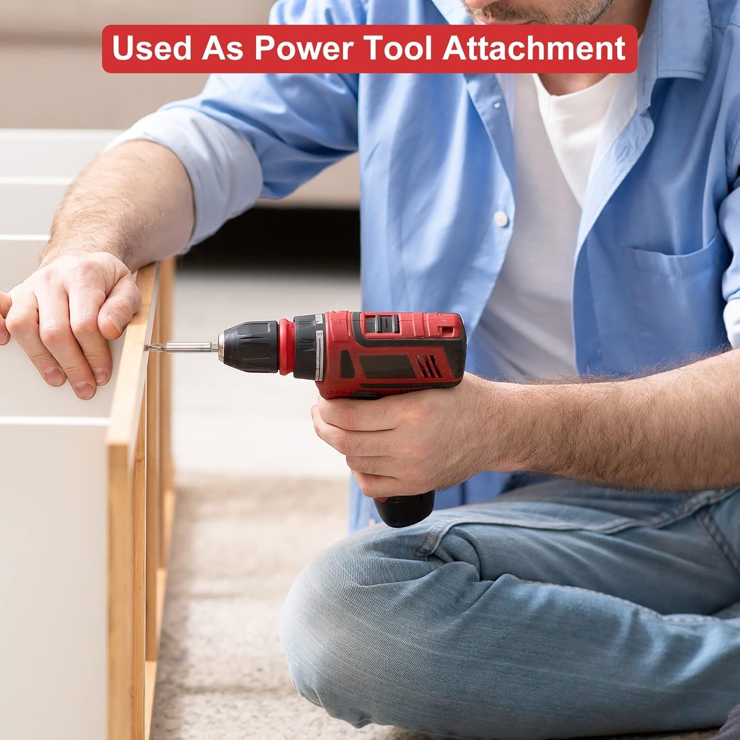 Demonstrates one of the product's key applications by showing it being used as a power tool attachment for drilling or assembly tasks, helping shoppers understand its versatility and practical use…