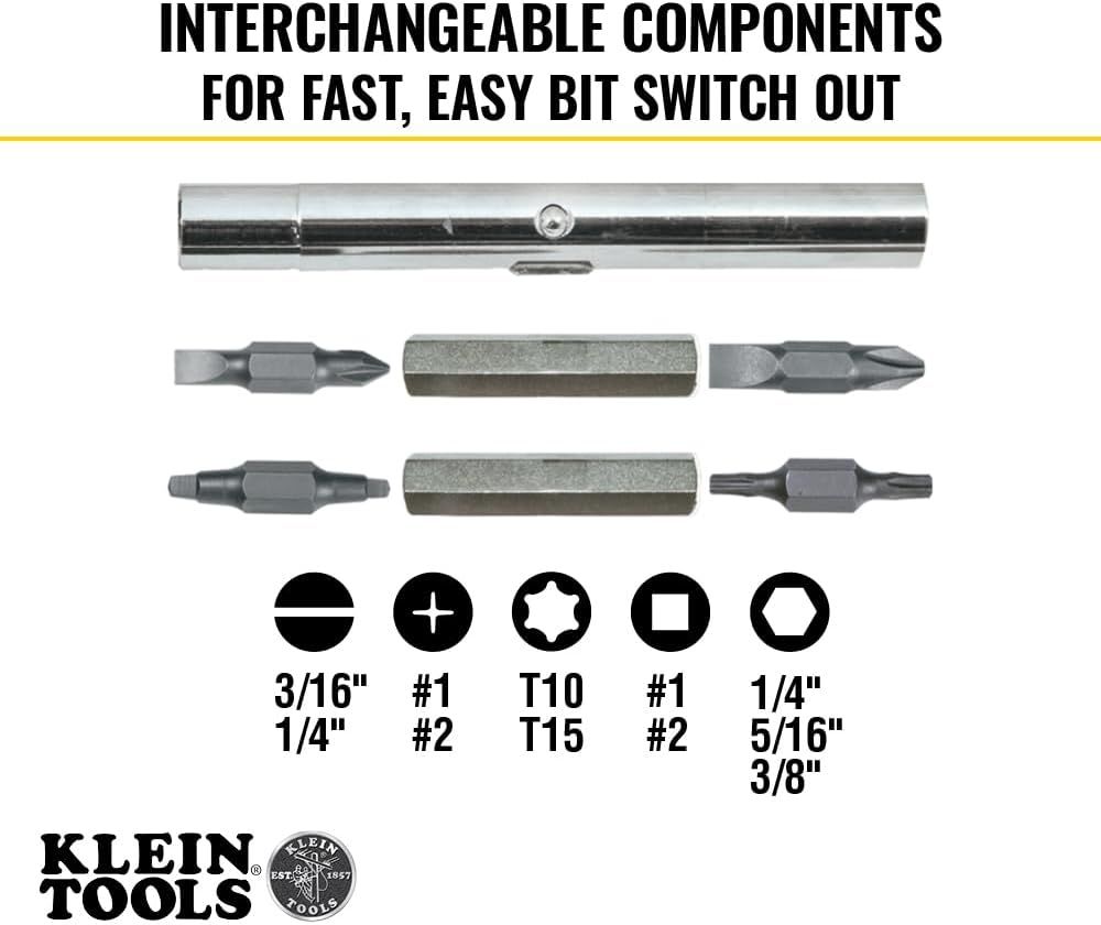 Shows all the interchangeable components included with the tool, demonstrating the variety of bit types and sizes available for fast, easy switching.