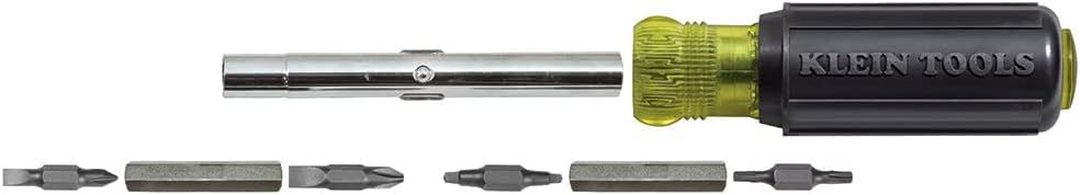 Shows the customer all the components included with the screwdriver tool, including the handle, extension shaft, and multiple interchangeable bits.