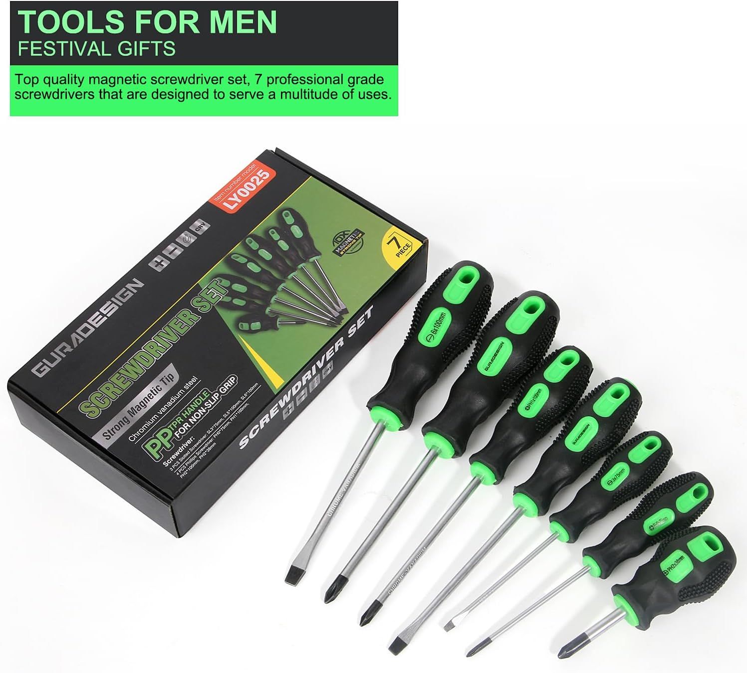 Positions the screwdriver set as a gift option for men during festival or holiday occasions, emphasizing its suitability as a present. Shows the complete contents of the package including the box…