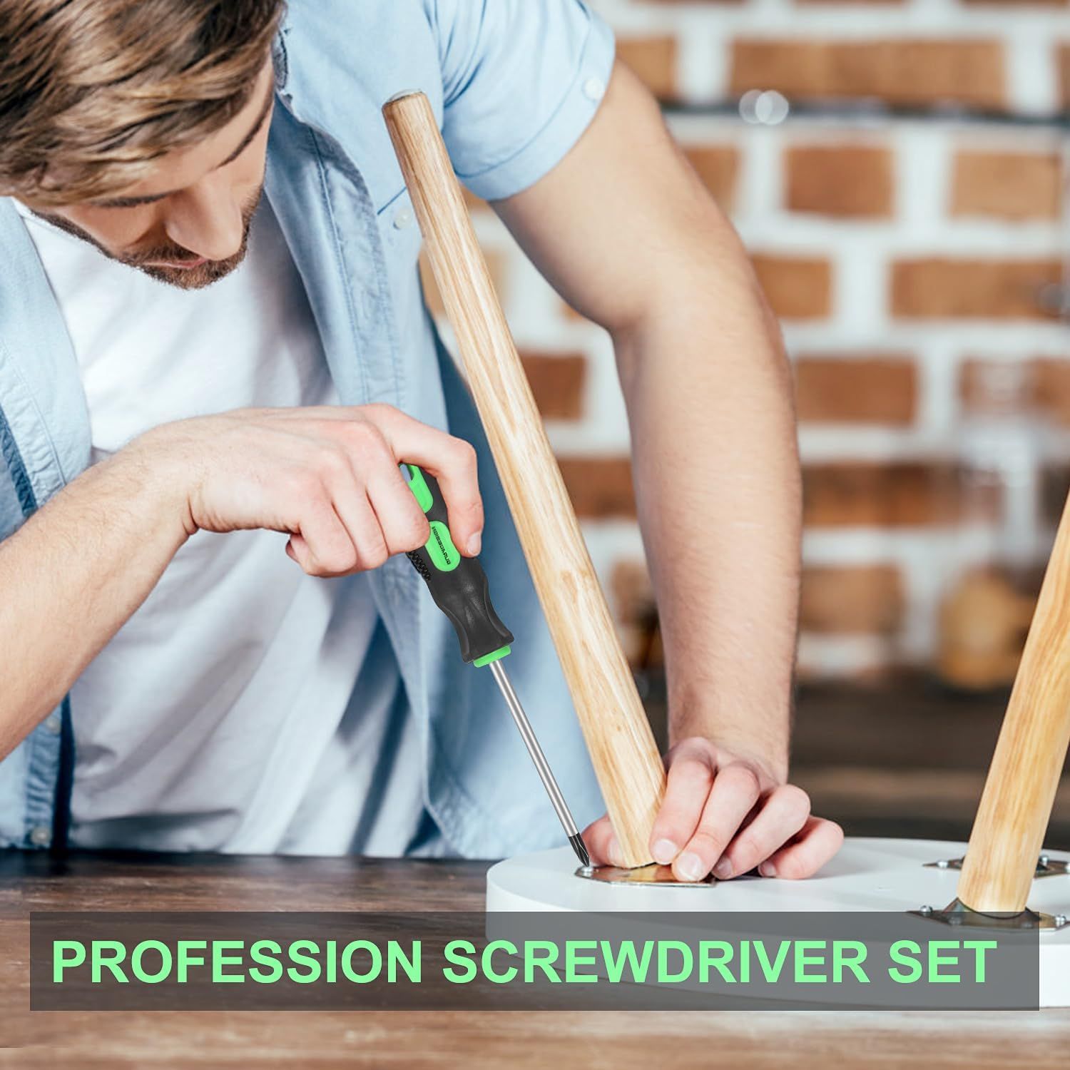Shows the screwdriver set being used in an authentic home setting to help shoppers visualize themselves using the product for furniture assembly or DIY projects.