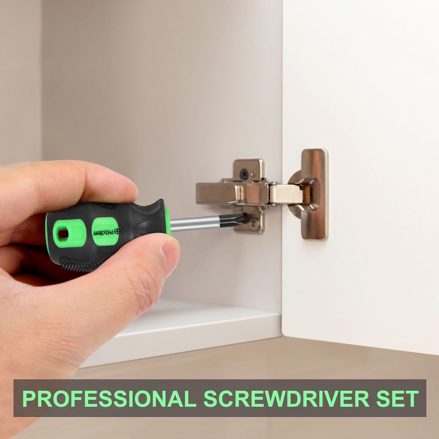 Demonstrates a practical use case for the screwdriver set by showing it being used to install or adjust a cabinet hinge, helping shoppers visualize how the tool works in real-world applications.…