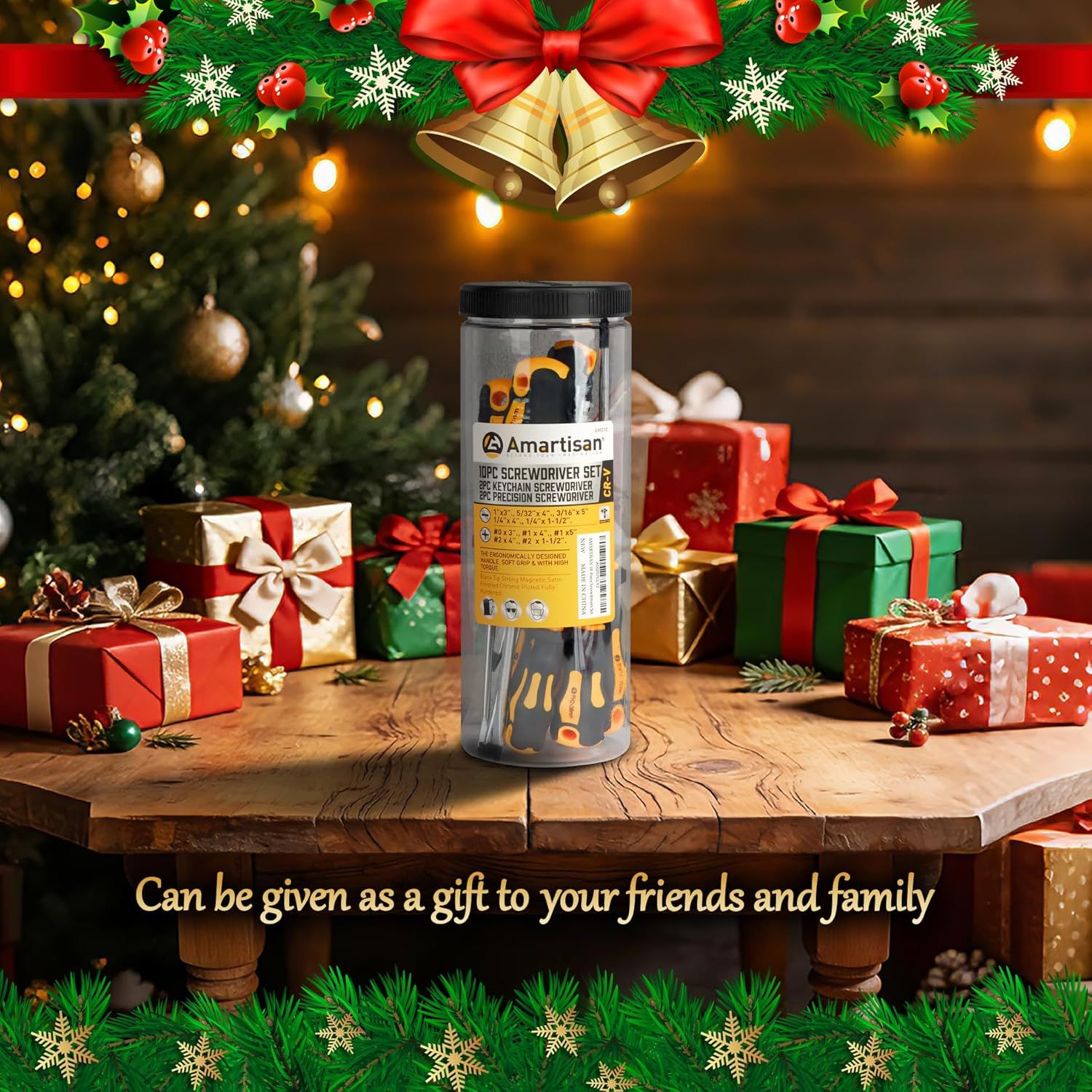 Positions the product as an ideal Christmas gift for friends and family, leveraging festive imagery and explicit gift messaging to drive seasonal purchase intent.