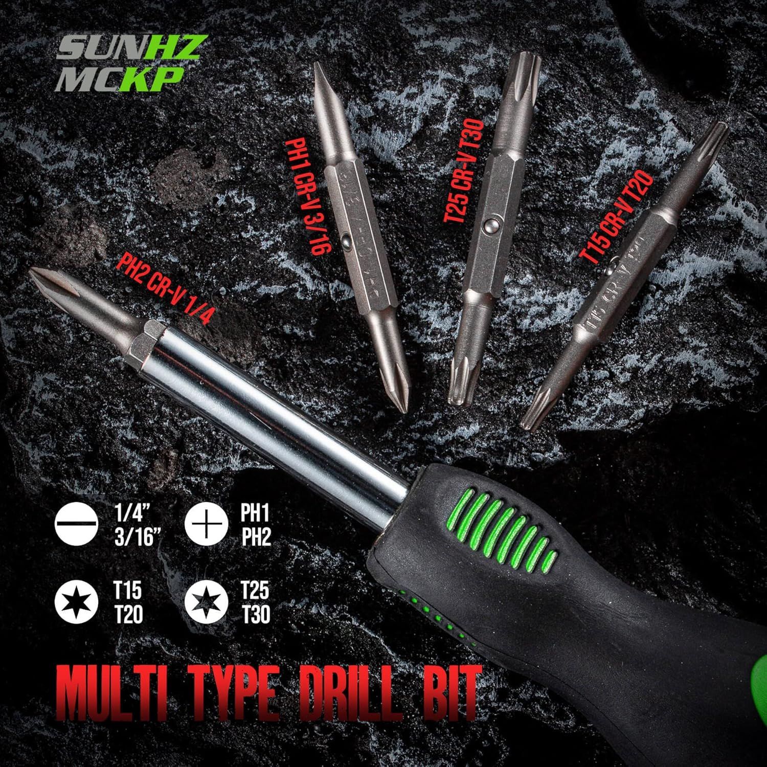 Shows the customer all the drill bit types and handle included in the kit, demonstrating the variety and completeness of the tool set.
