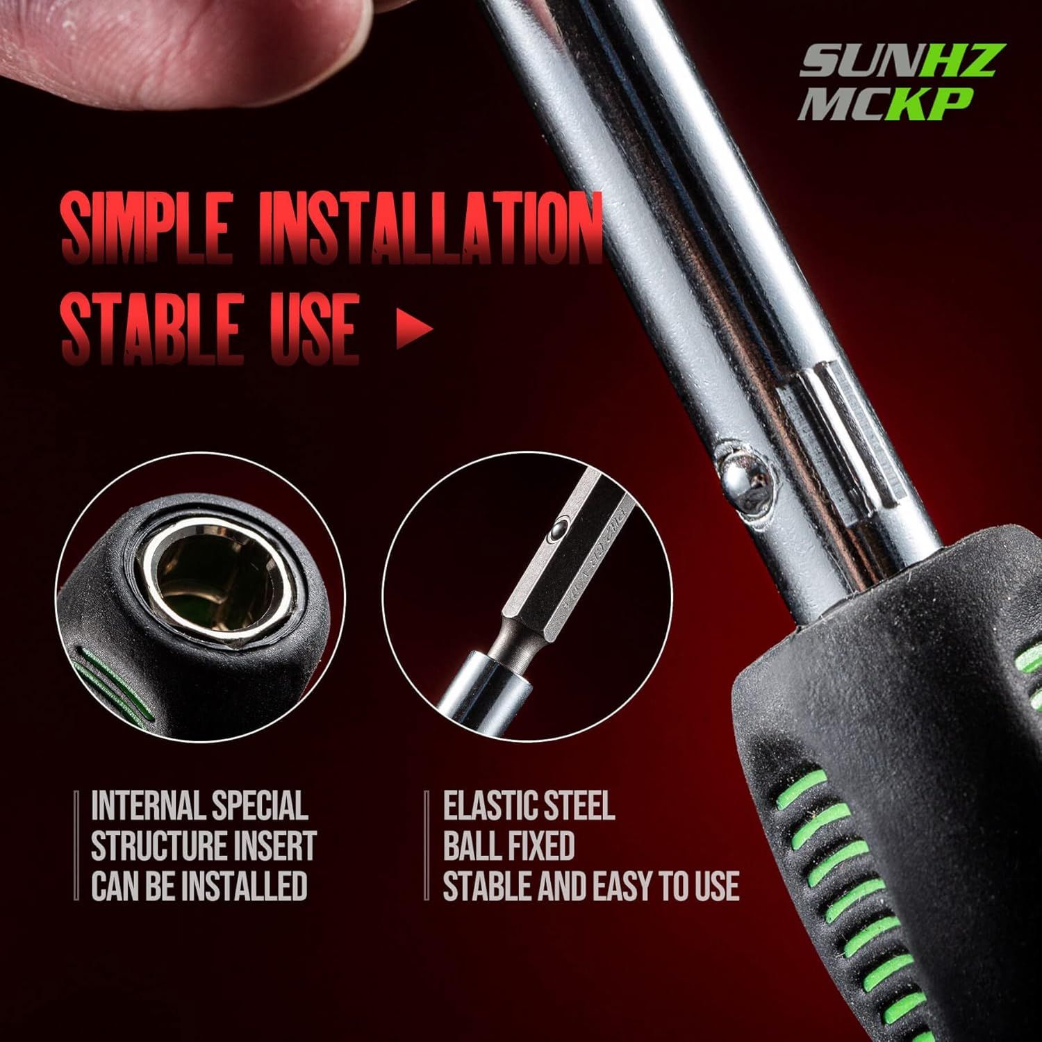 Communicates multiple product benefits in a segmented layout, highlighting ease of installation and stability through detailed callouts of internal structure and elastic steel ball mechanism.