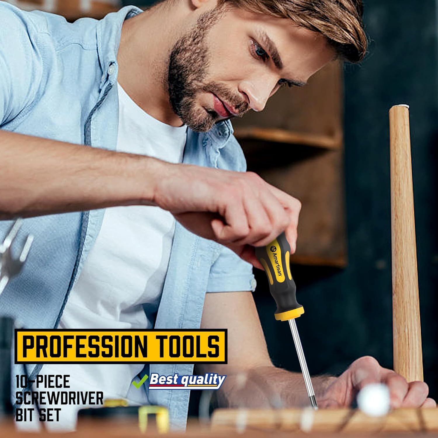 Demonstrates the product in a real-world woodworking context to help shoppers visualize themselves using the screwdriver set for DIY or professional projects.